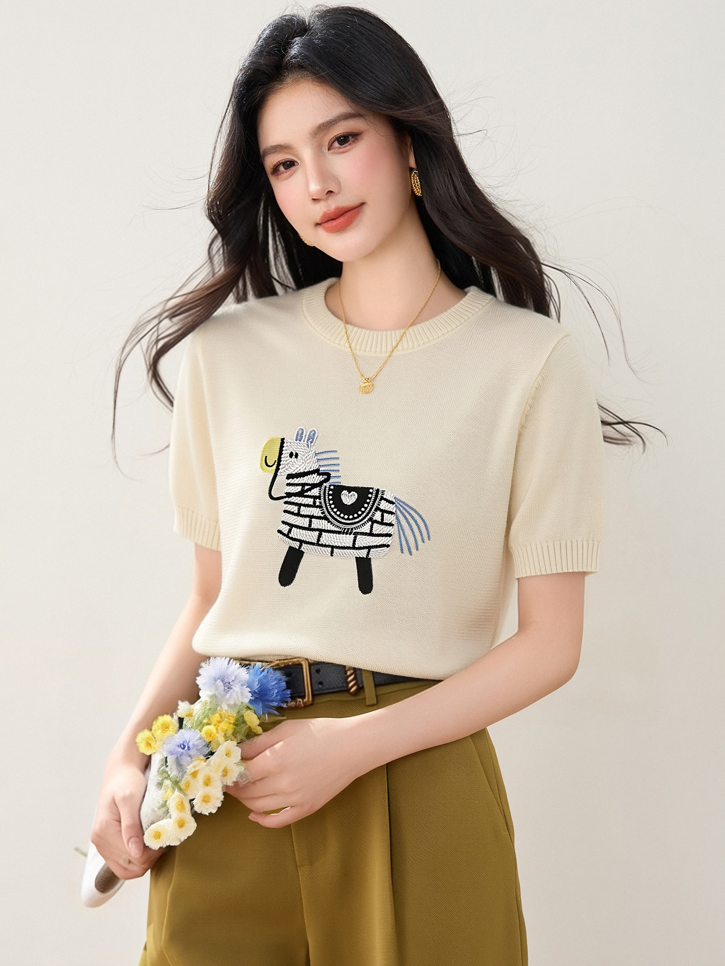 實拍◆有◆2026韓系重工小馬刺繡短袖T恤女新款寬松顯瘦減齡上衣