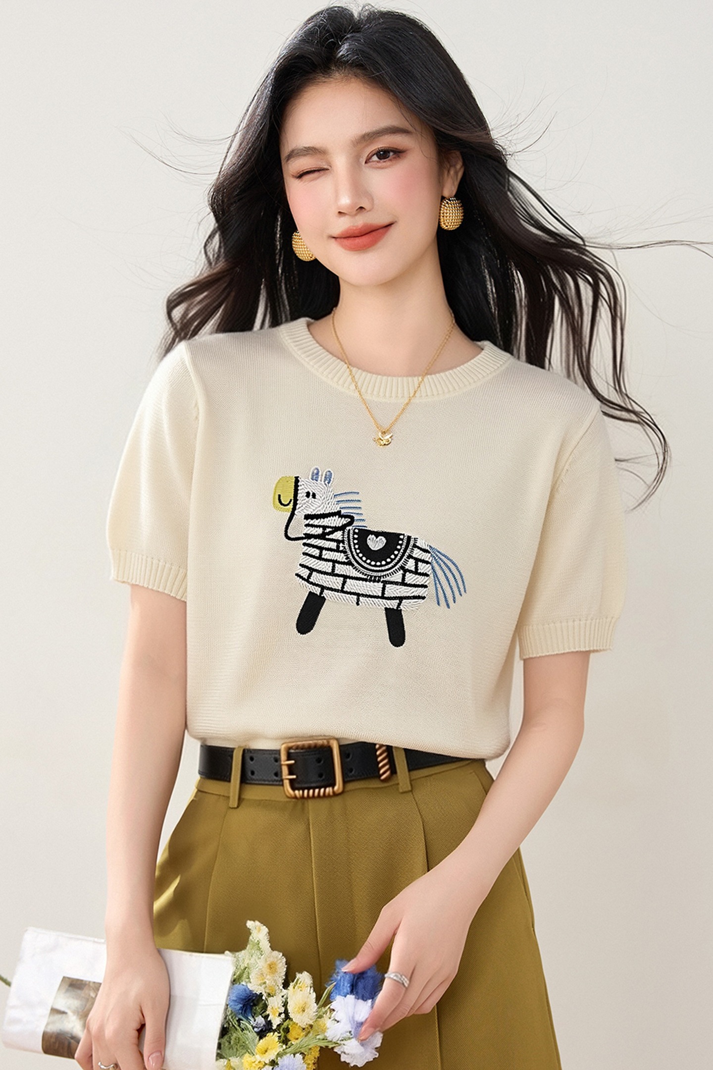 實拍◆有◆2026韓系重工小馬刺繡短袖T恤女新款寬松顯瘦減齡上衣
