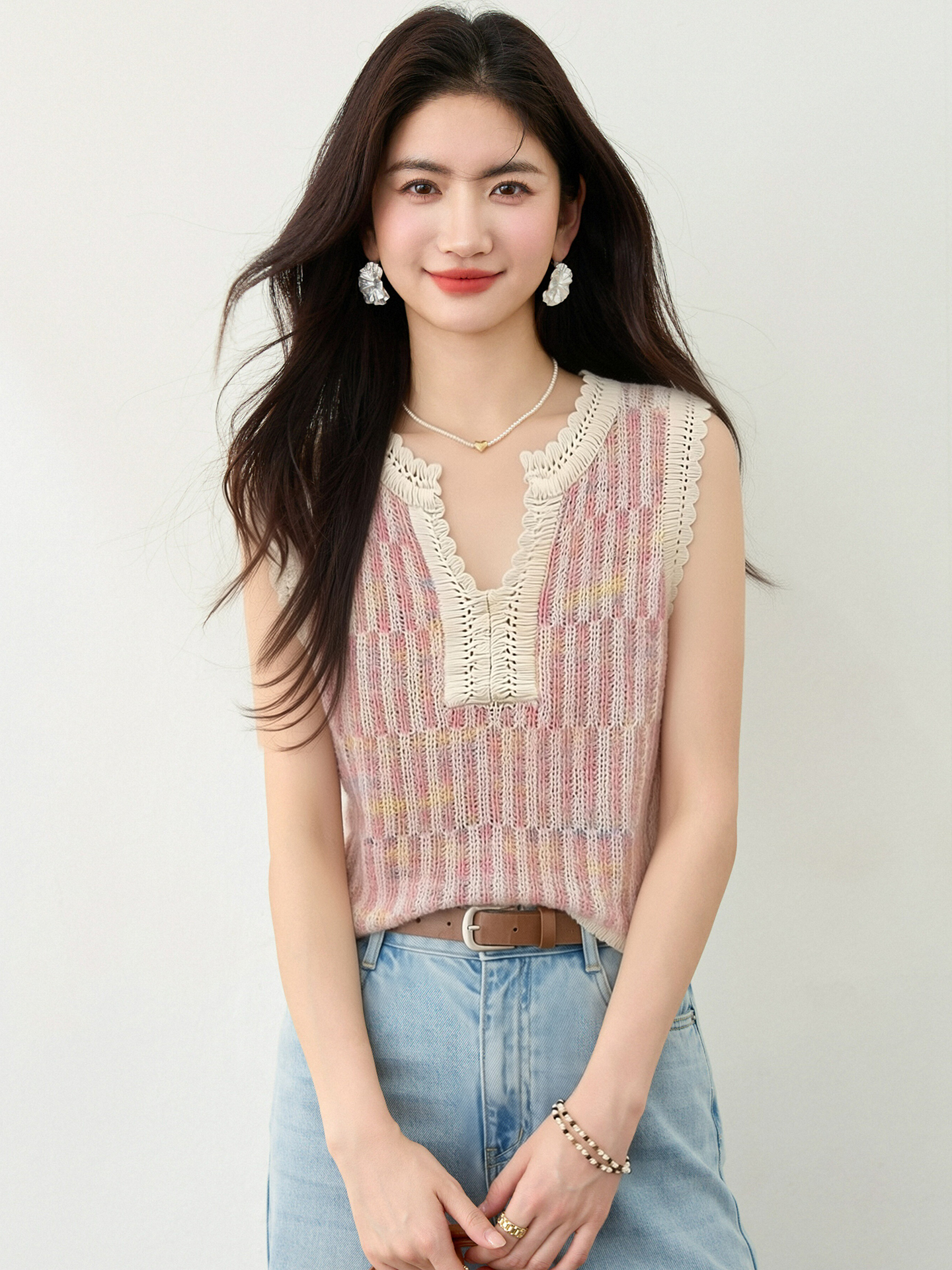 實拍◆有◆2026甜美風粉色鏤空針織背心女夏季新款顯瘦薄款上衣