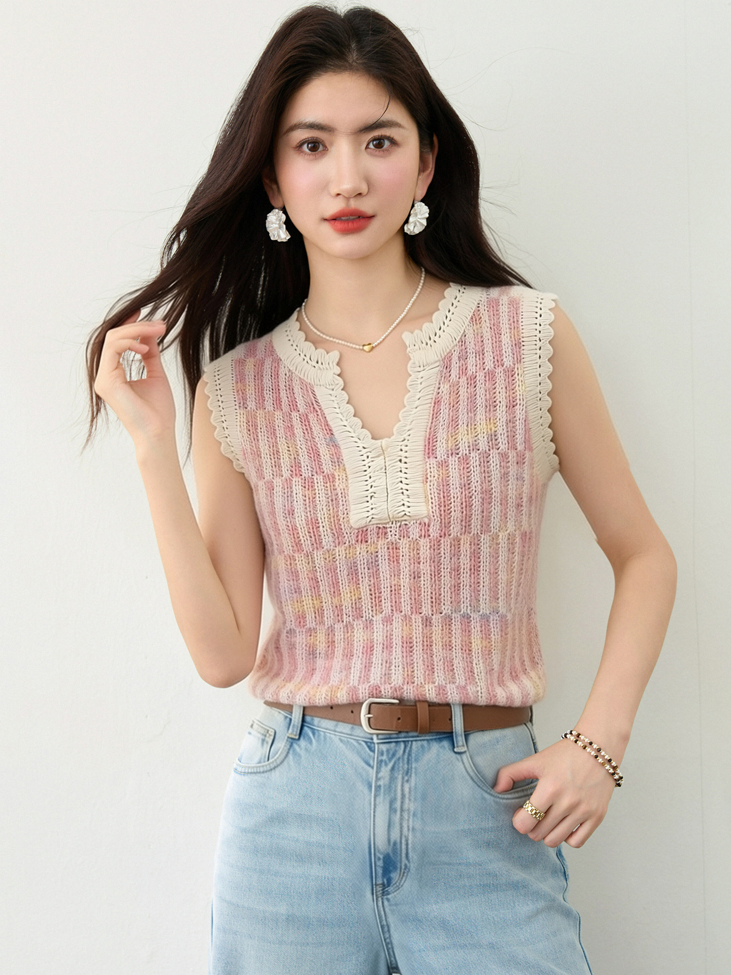 實拍◆有◆2026甜美風粉色鏤空針織背心女夏季新款顯瘦薄款上衣