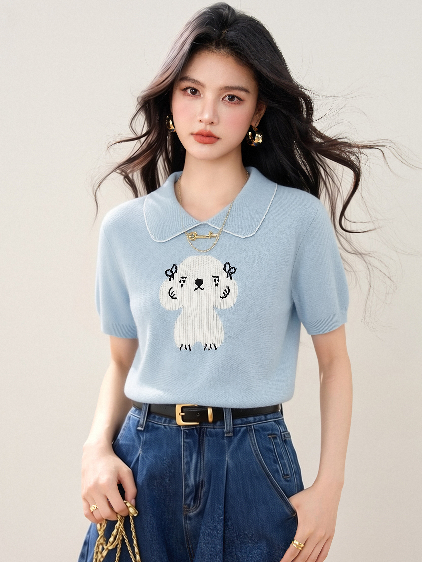 實拍◆有◆2026甜美風小狗刺繡翻領短袖針織女夏寬松木耳花邊上衣