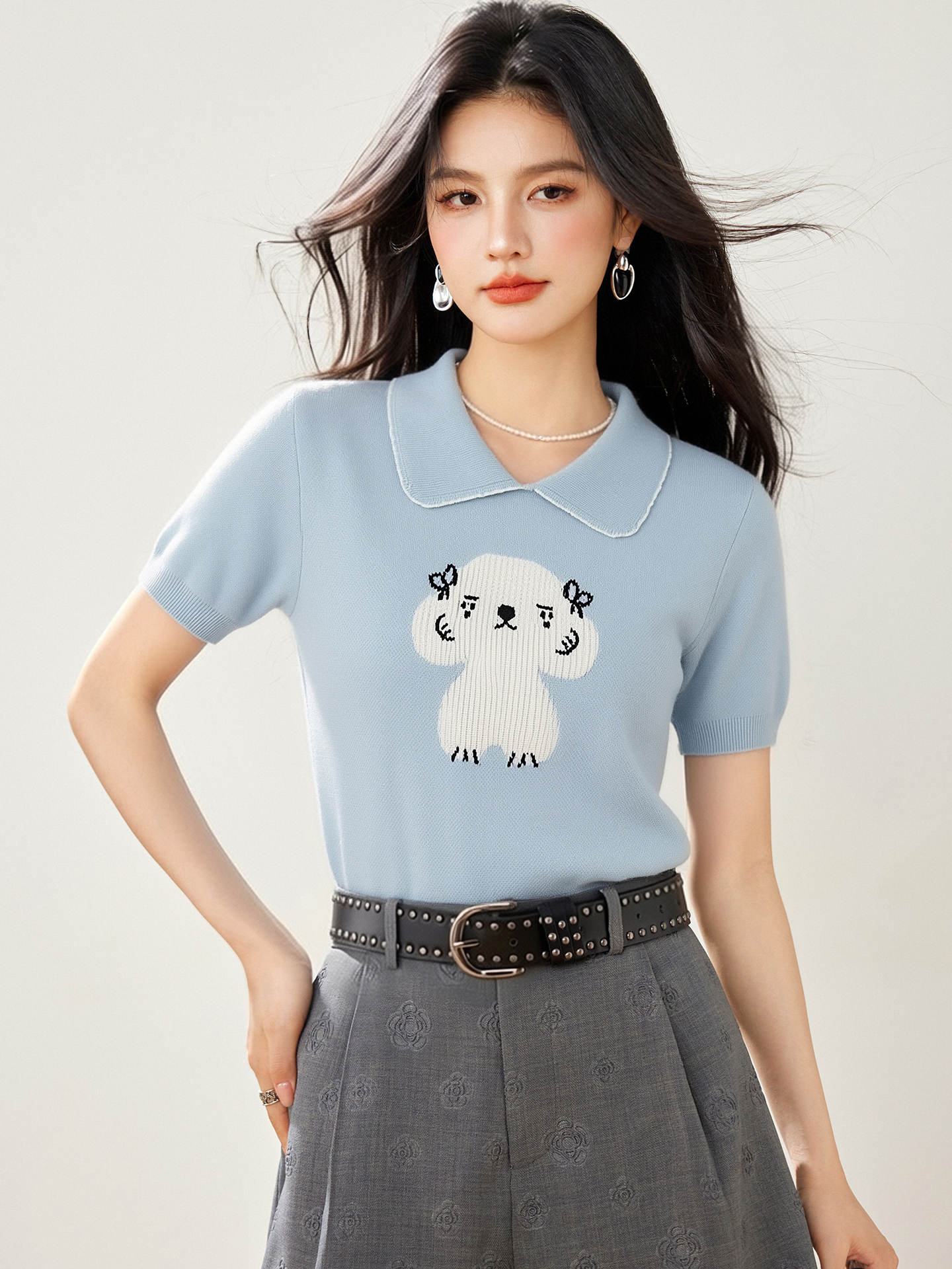 實拍◆有◆2026甜美風小狗刺繡翻領短袖針織女夏寬松木耳花邊上衣
