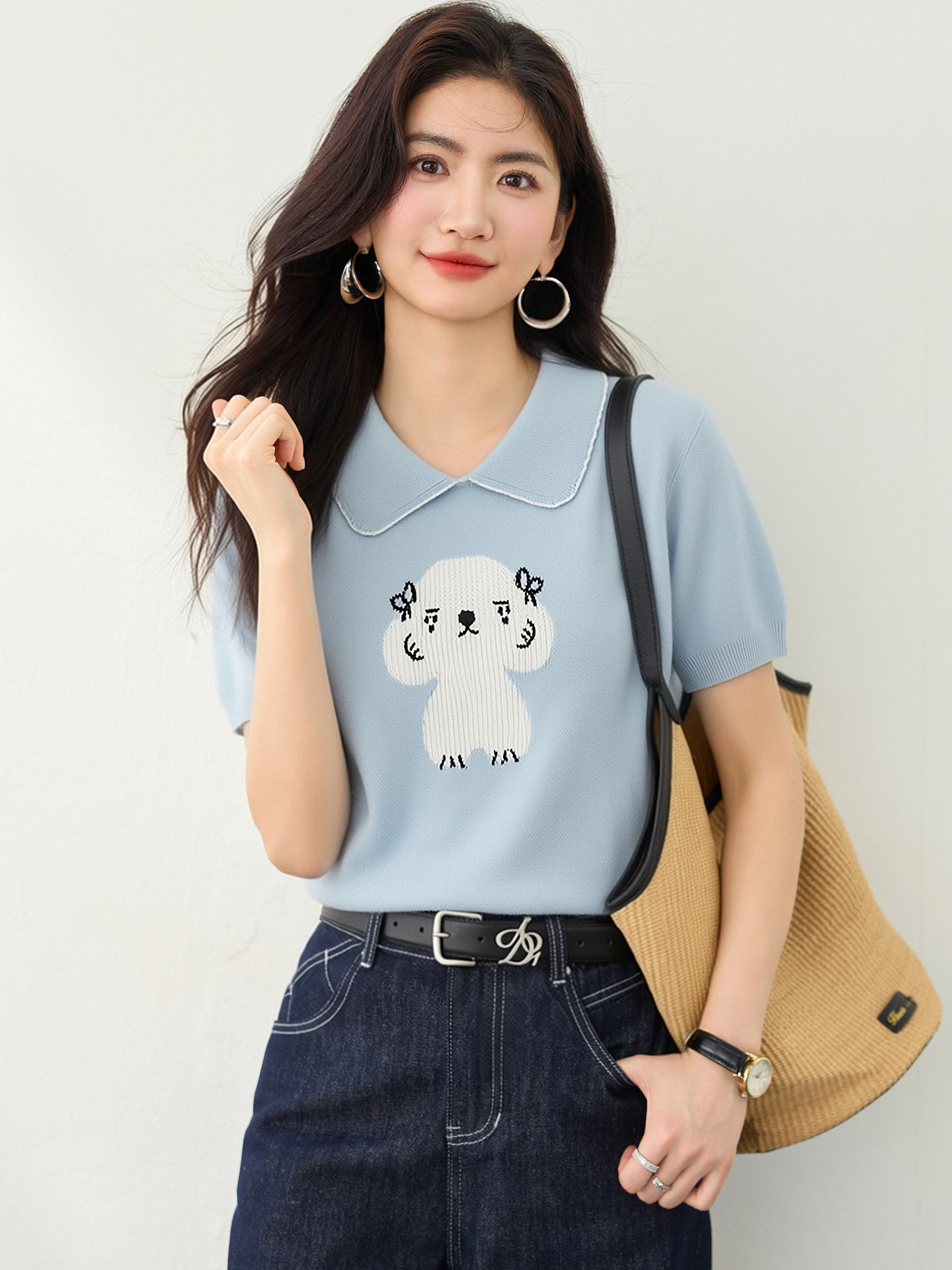 實拍◆有◆2026甜美風小狗刺繡翻領短袖針織女夏寬松木耳花邊上衣