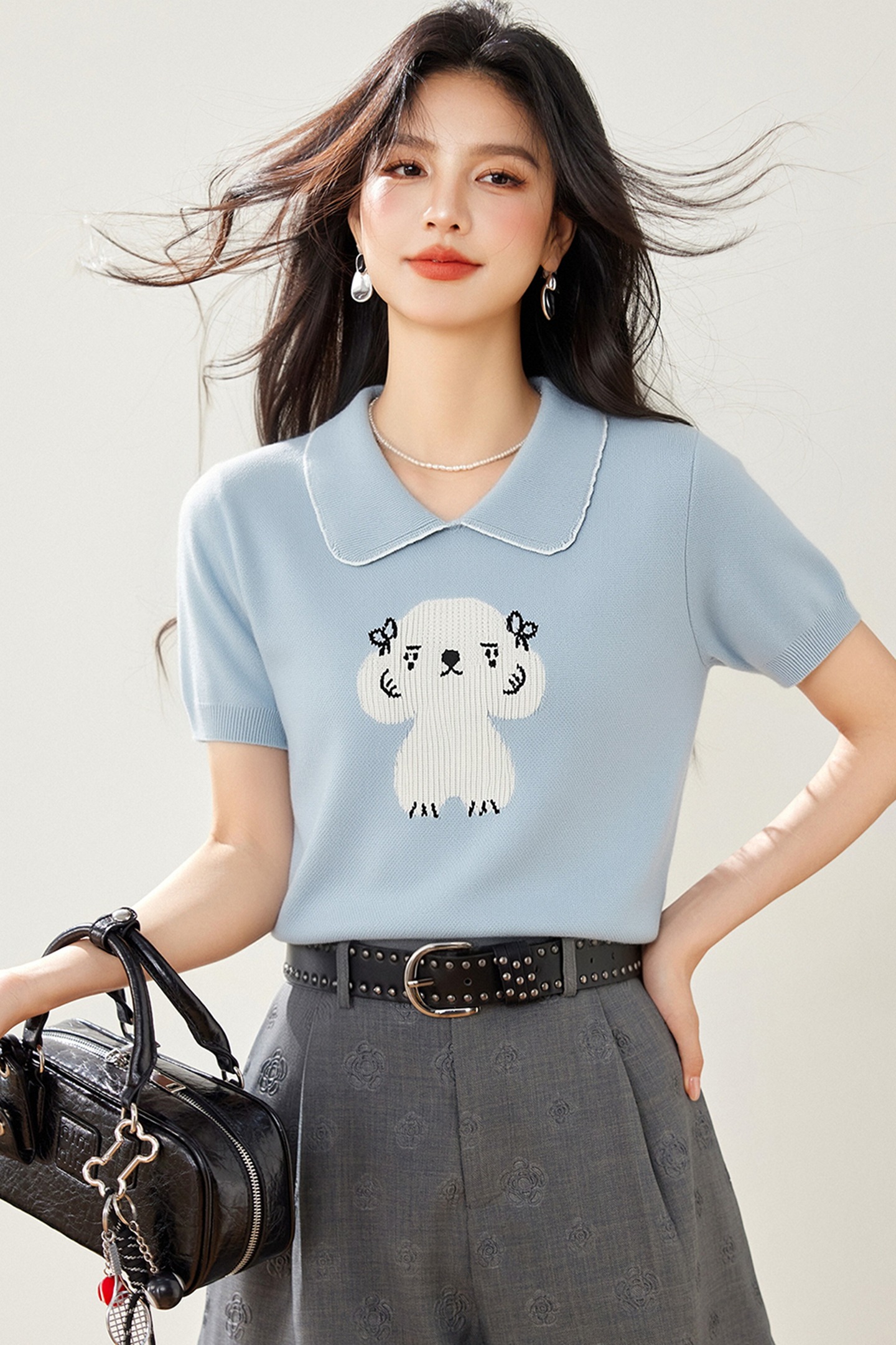 實拍◆有◆2026甜美風小狗刺繡翻領短袖針織女夏寬松木耳花邊上衣