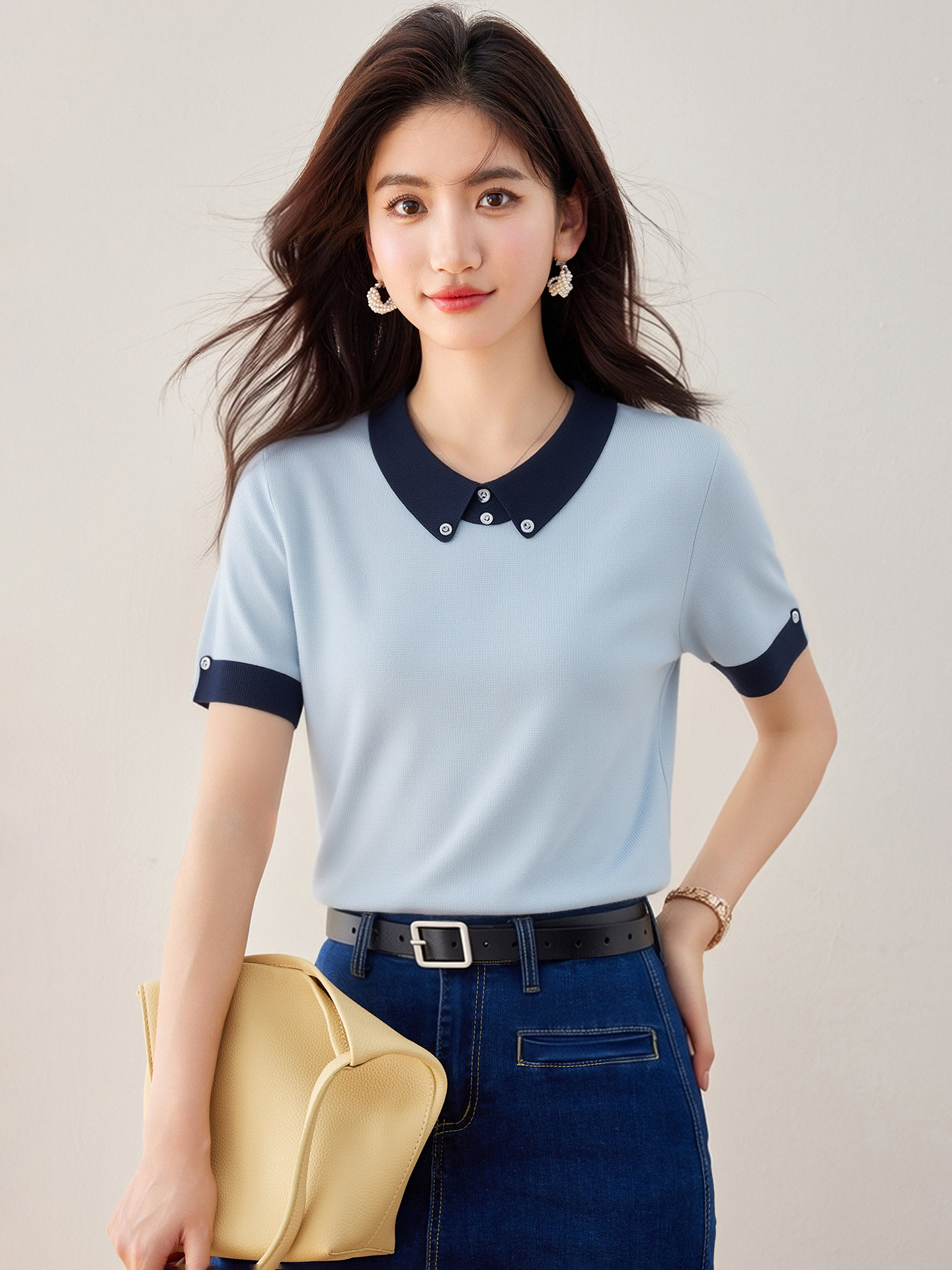 實拍◆有◆2026法式簡約撞色POLO領短袖女夏氣質翻領針織衫上衣
