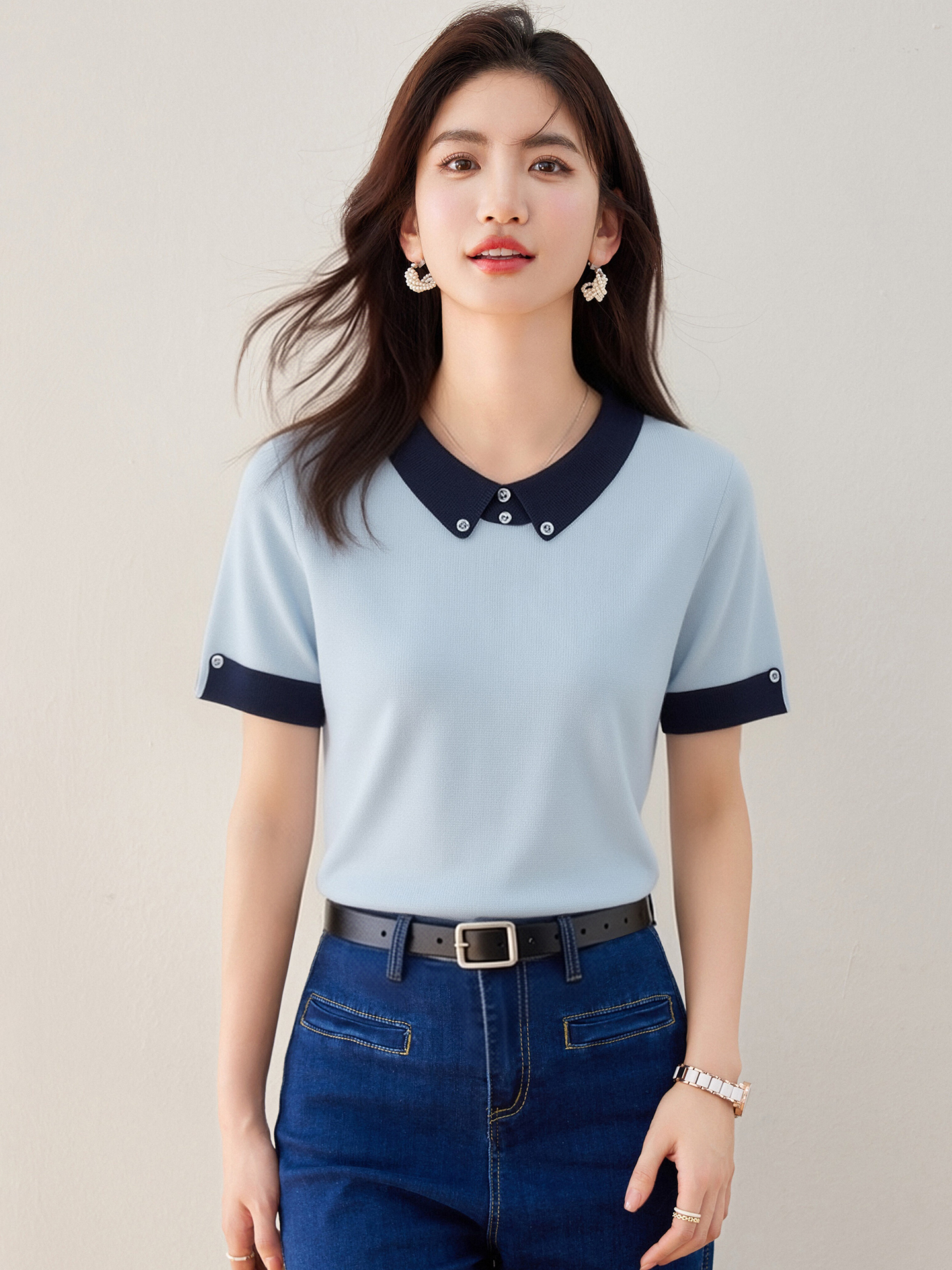 實拍◆有◆2026法式簡約撞色POLO領短袖女夏氣質翻領針織衫上衣