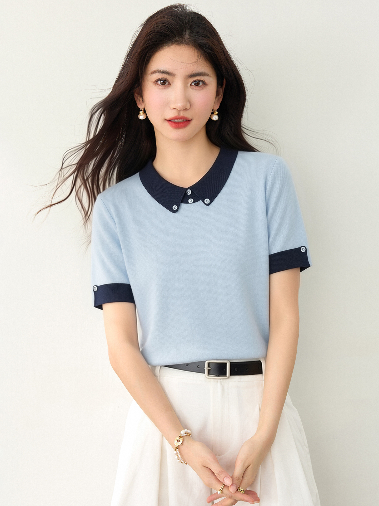 實拍◆有◆2026法式簡約撞色POLO領短袖女夏氣質翻領針織衫上衣