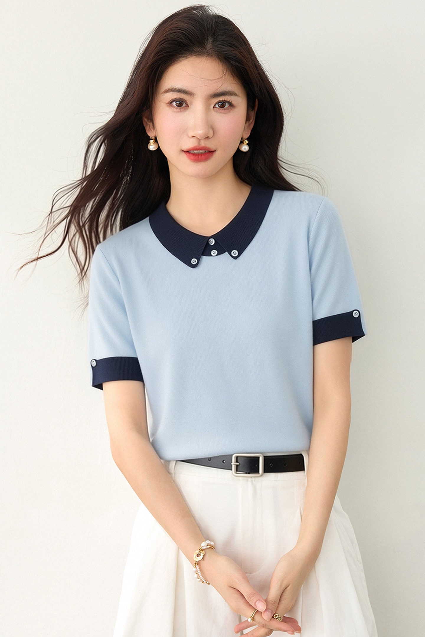 實拍◆有◆2026法式簡約撞色POLO領短袖女夏氣質翻領針織衫上衣