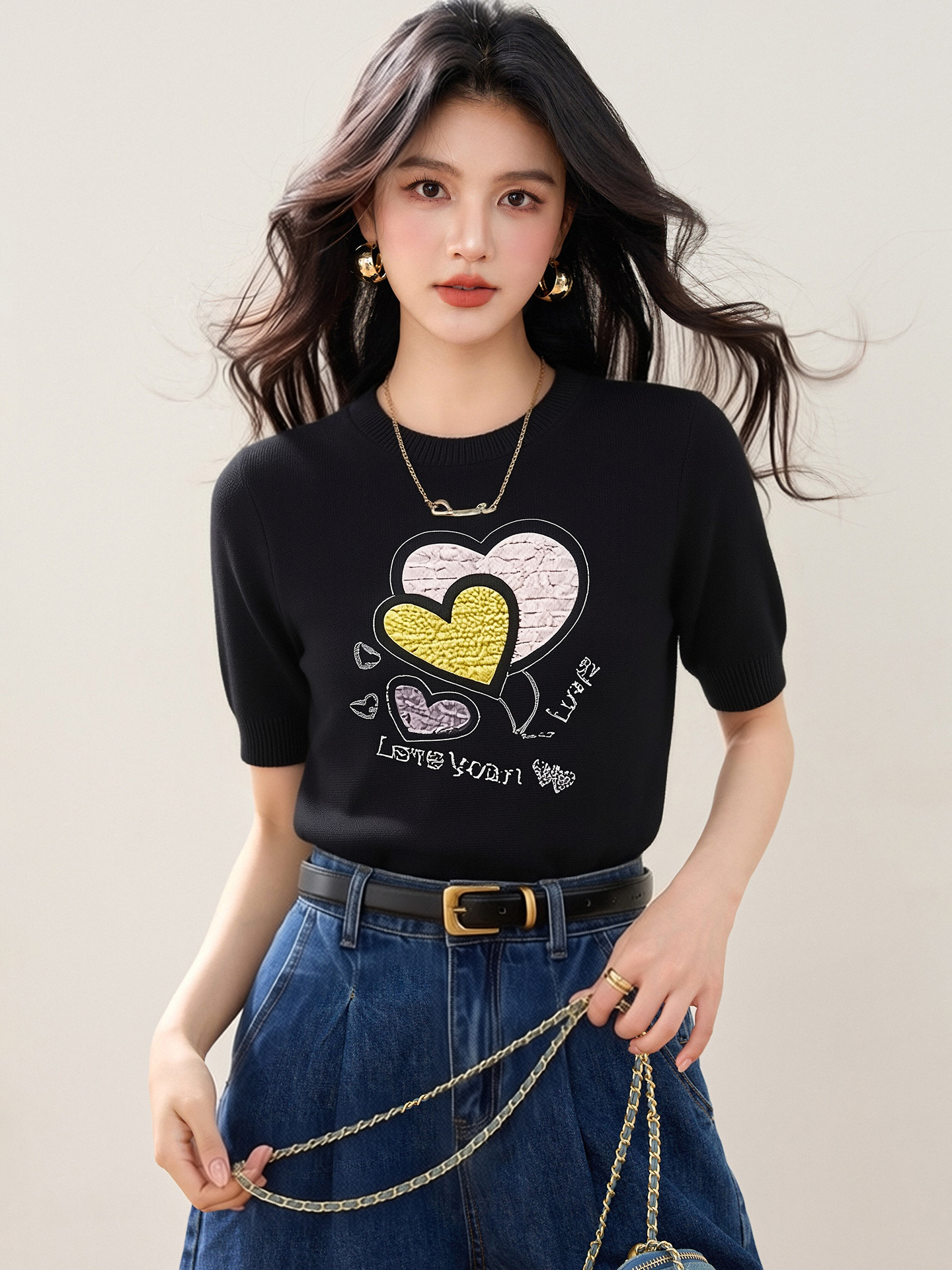 實拍◆有◆2026正肩愛心短袖t恤女夏季新款修身顯瘦百搭圓領上衣