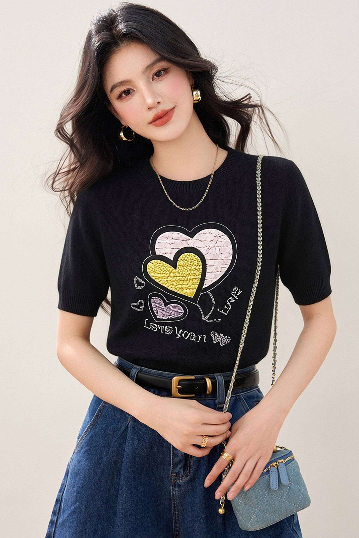 實拍◆有◆2026正肩愛心短袖t恤女夏季新款修身顯瘦百搭圓領上衣