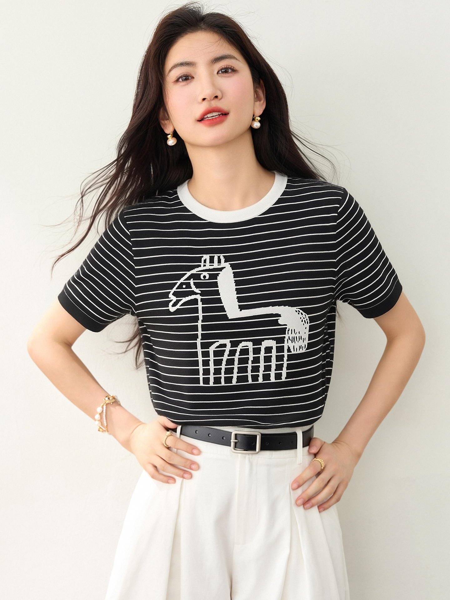 實拍◆有◆2026夏季新款條紋小馬短袖針織衫女圓領百搭休閑風上衣