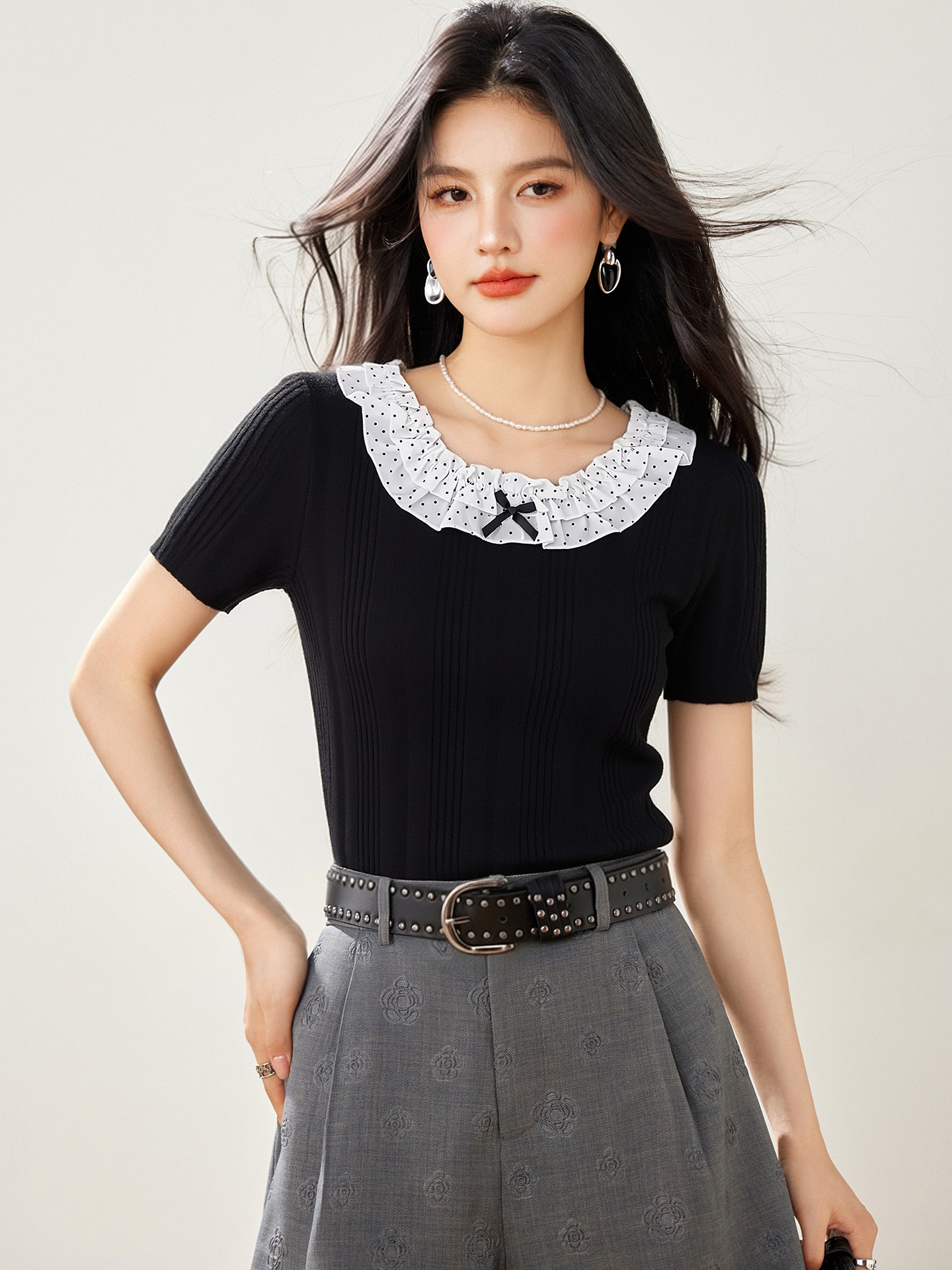 實拍◆有◆2026波點荷葉邊拼接蝴蝶結短袖T恤女夏季新款甜美上衣