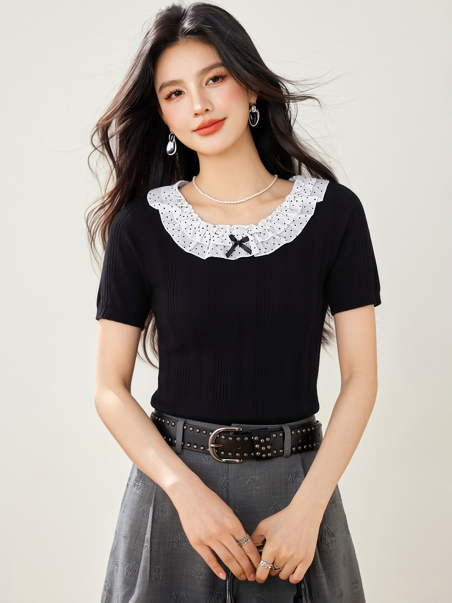 實拍◆有◆2026波點荷葉邊拼接蝴蝶結短袖T恤女夏季新款甜美上衣