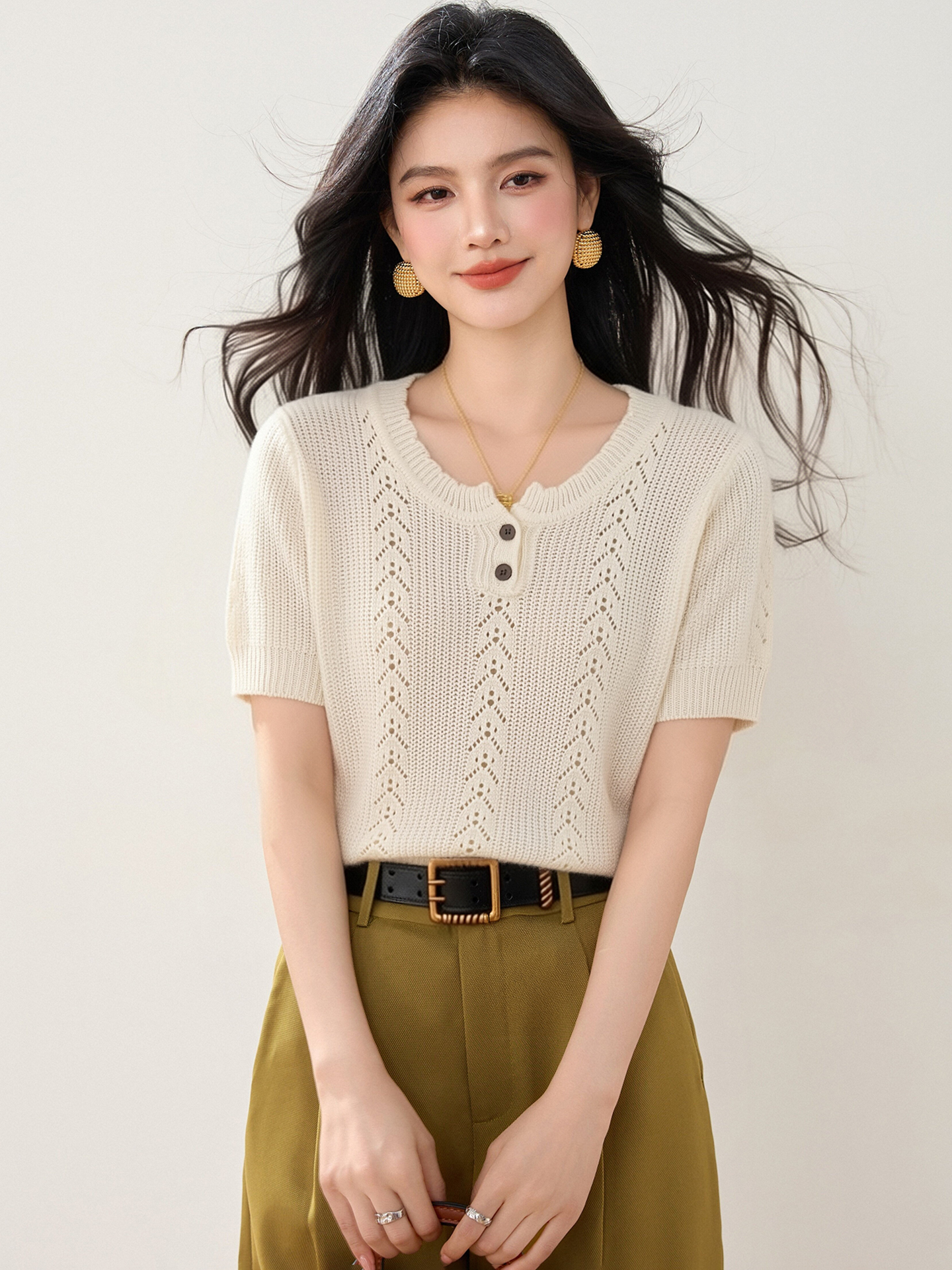 實拍◆有◆2026韓系圓領鏤空短袖針織衫女夏薄款百搭氣質顯瘦上衣