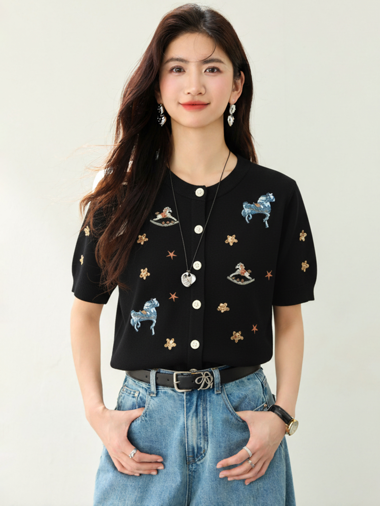 實拍◆有◆2026韓系設計感針織上衣彩色小馬刺繡日常百搭正肩T恤