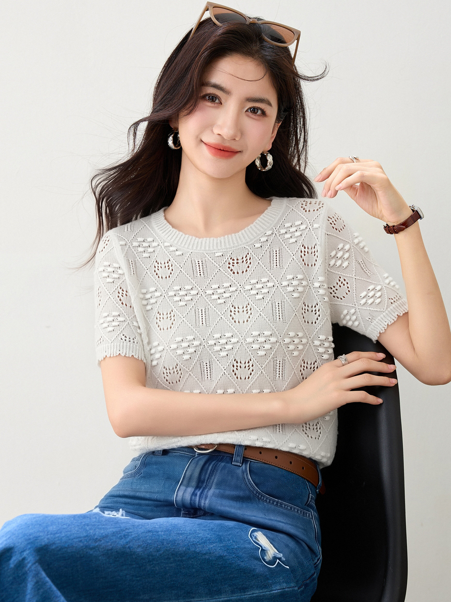 實拍◆有◆2026法式淑女風提花針織短袖新款圓領薄款顯瘦洋氣上衣