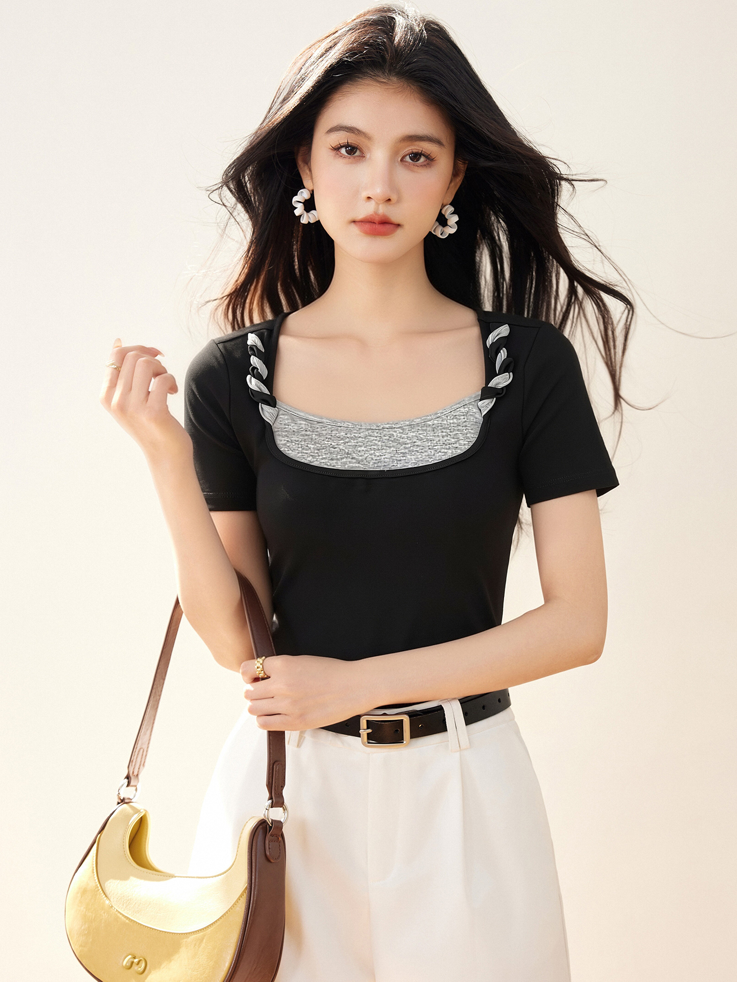 實拍◆有◆2026純欲撞色假兩件扭結短袖T恤女夏季修身內搭上衣