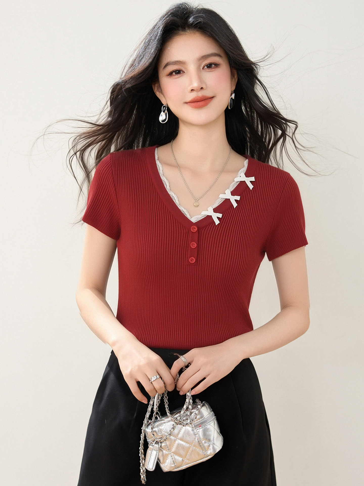 實拍◆有◆2026蕾絲拼接V領蝴蝶結短袖針織衫女夏季純欲顯瘦上衣