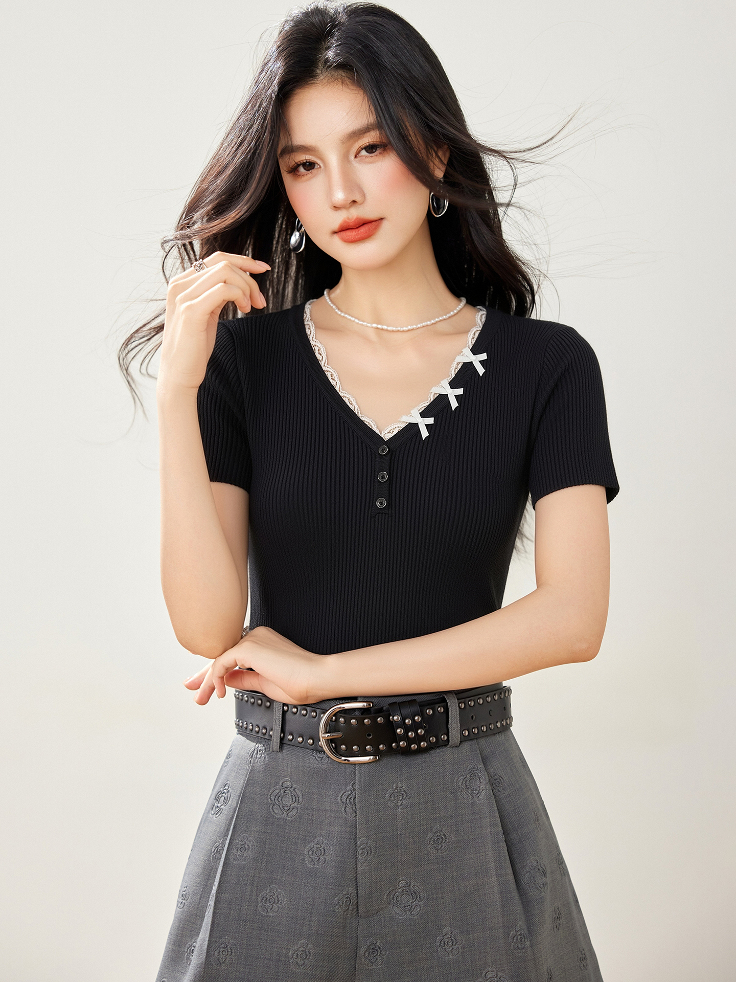實拍◆有◆2026蕾絲拼接V領蝴蝶結短袖針織衫女夏季純欲顯瘦上衣