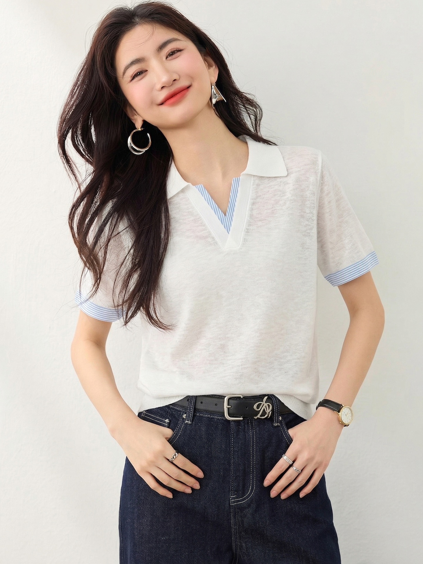 實拍◆有◆2026設計感條紋襯衣布拼接polo領針織衫女休閑短袖上衣