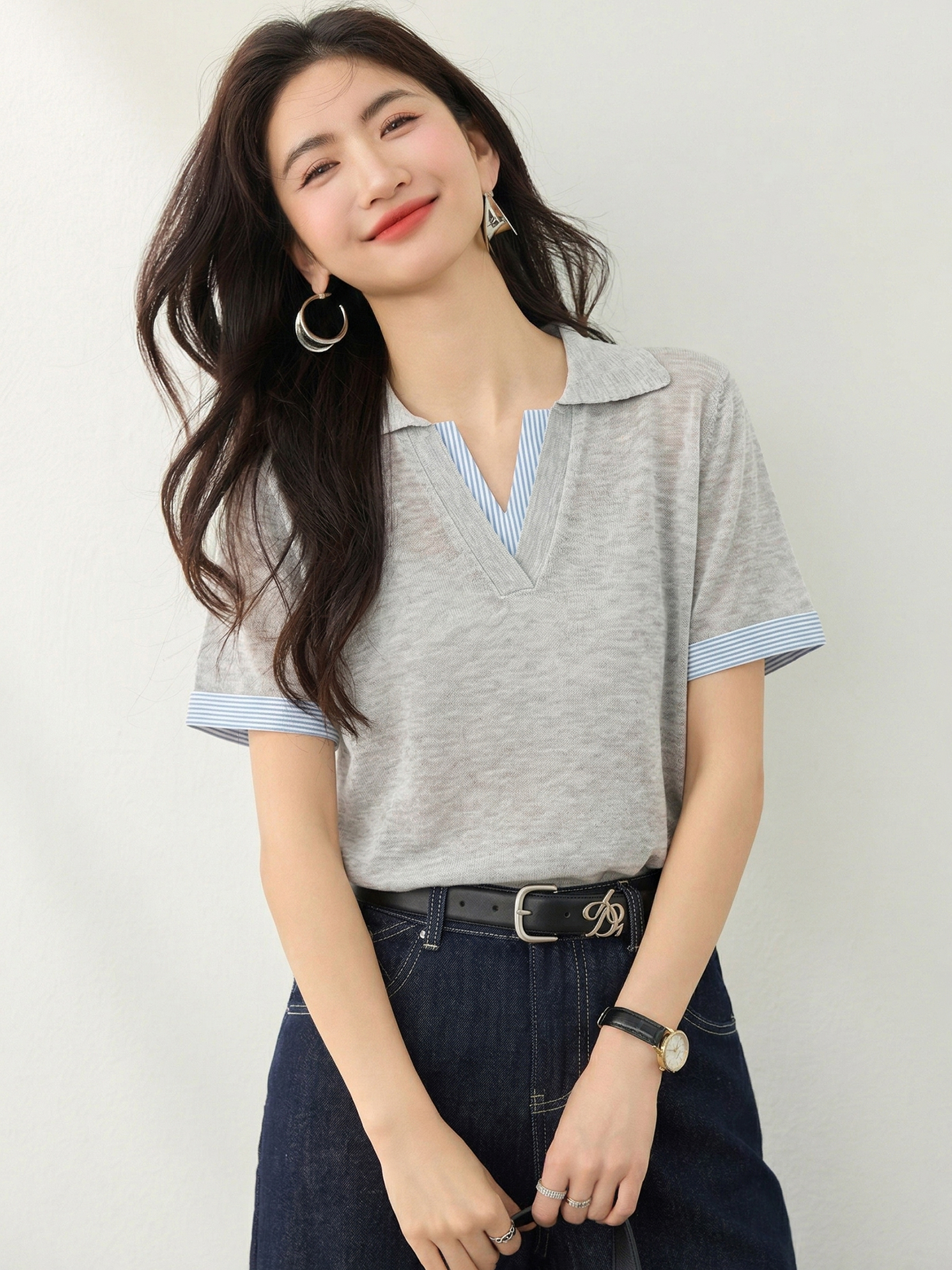 實拍◆有◆2026設計感條紋襯衣布拼接polo領針織衫女休閑短袖上衣