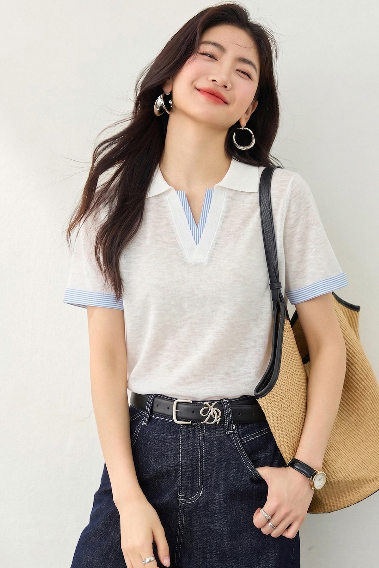 實拍◆有◆2026設計感條紋襯衣布拼接polo領針織衫女休閑短袖上衣