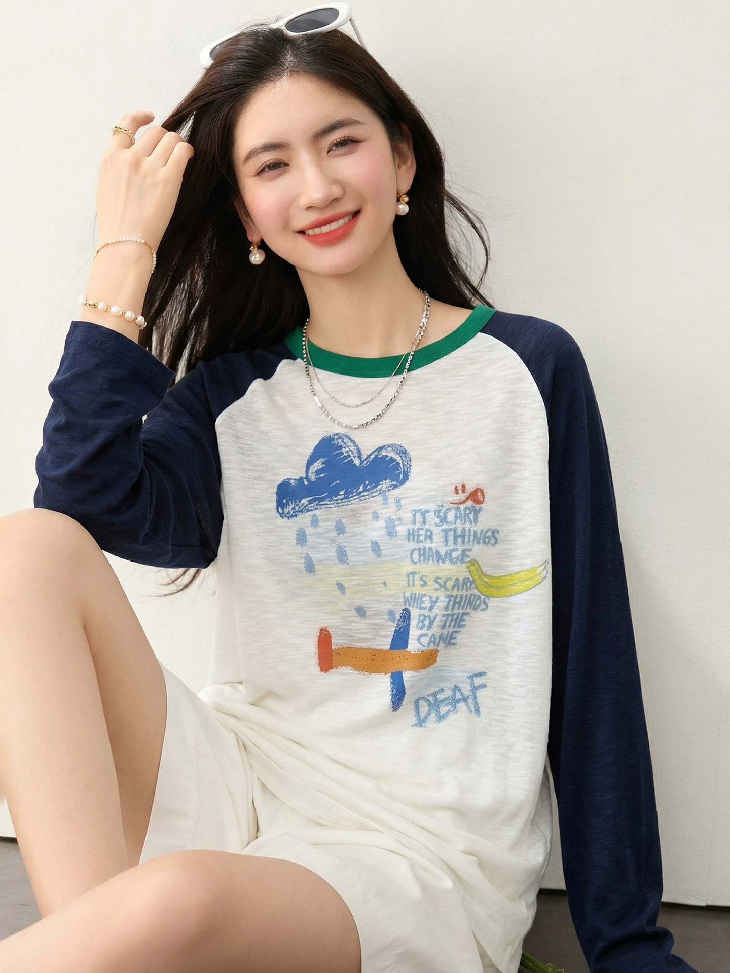 實拍◆有◆2026趣味涂鴉撞色插肩長袖t恤女夏設計感寬松休閑上衣