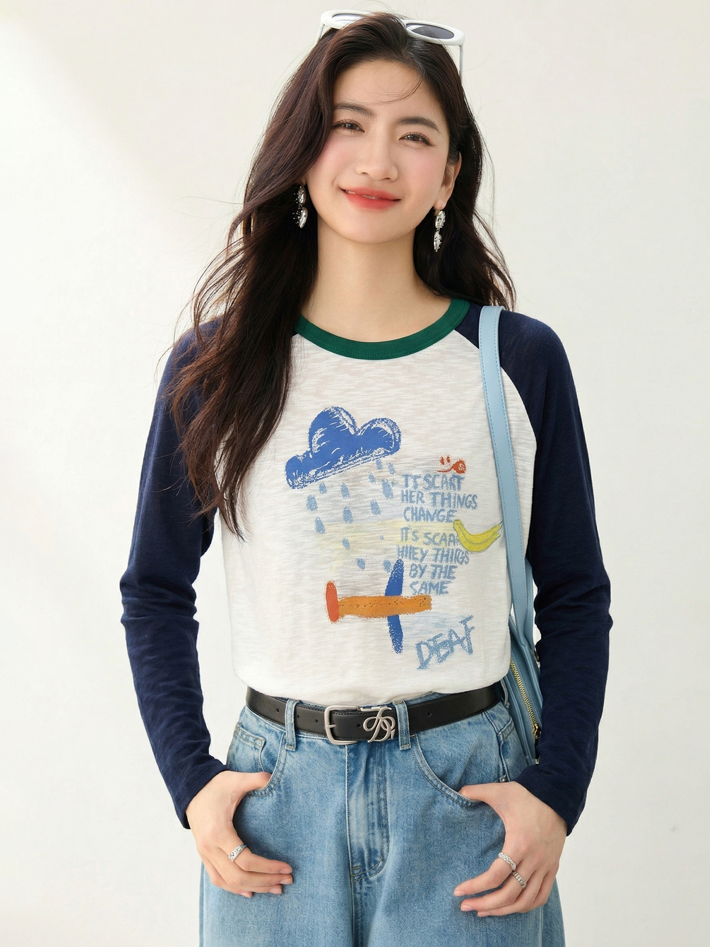實拍◆有◆2026趣味涂鴉撞色插肩長袖t恤女夏設計感寬松休閑上衣