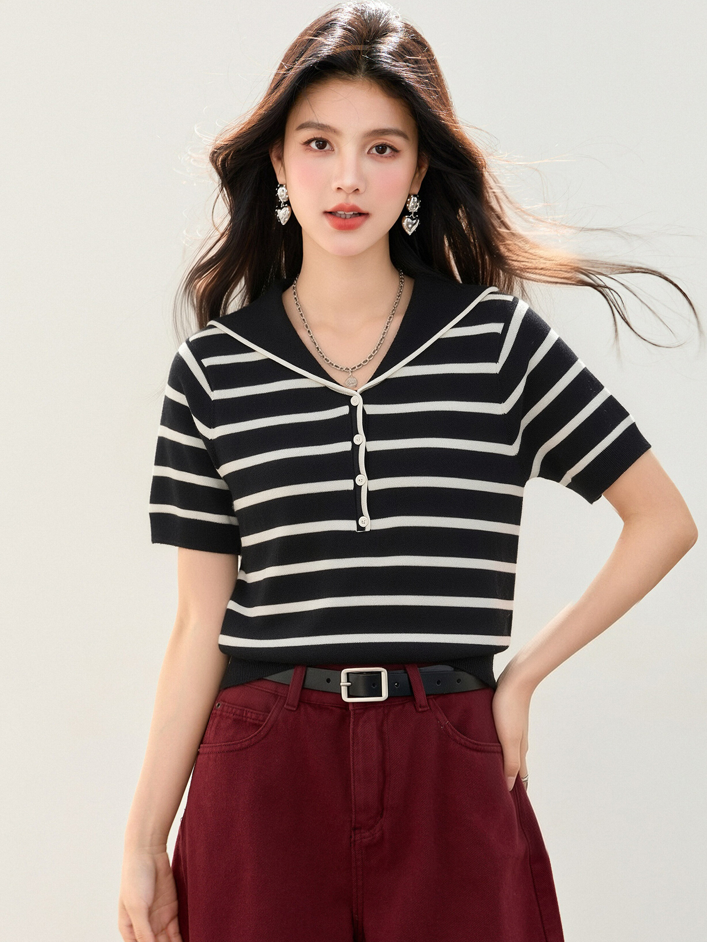 實拍◆有◆2026溫柔韓系風海軍領撞色亞麻針織短袖女夏季寬松上衣