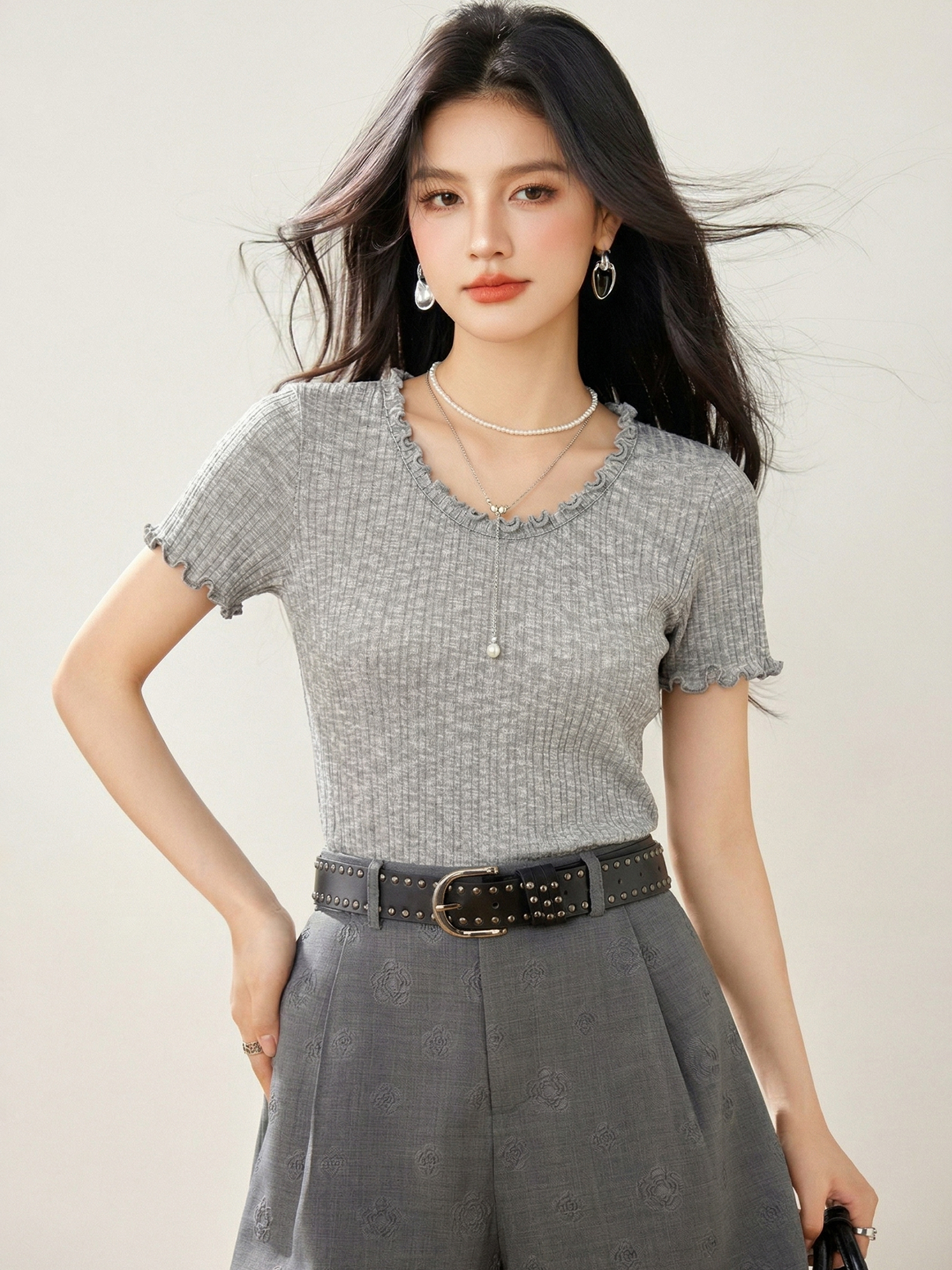 實拍◆有◆2026木耳邊u領短袖針織t恤女新款洋氣休閑顯瘦百搭上衣