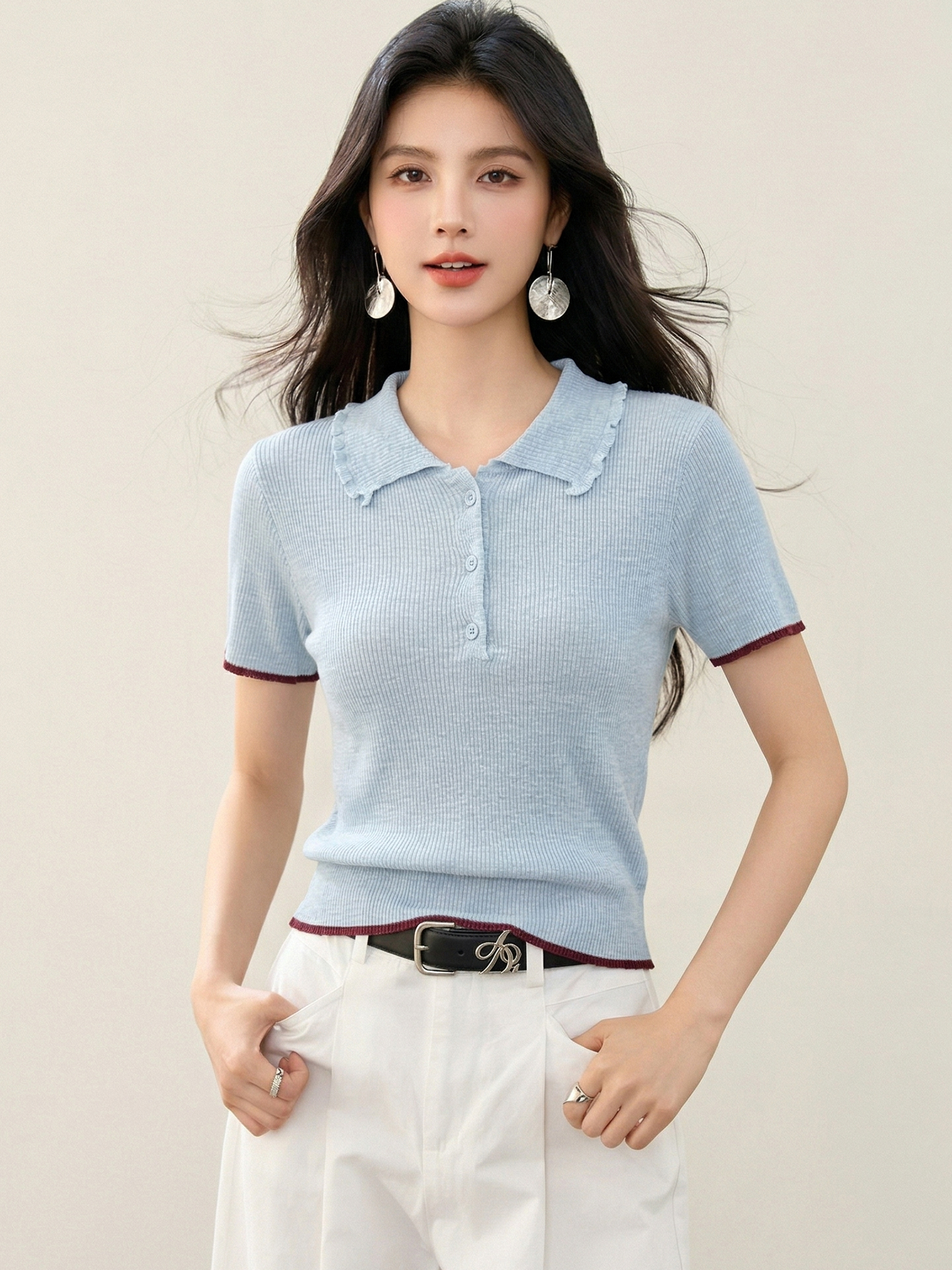 實拍◆有◆2026韓系polo領針織衫藍色短袖t恤女夏修身上衣新款