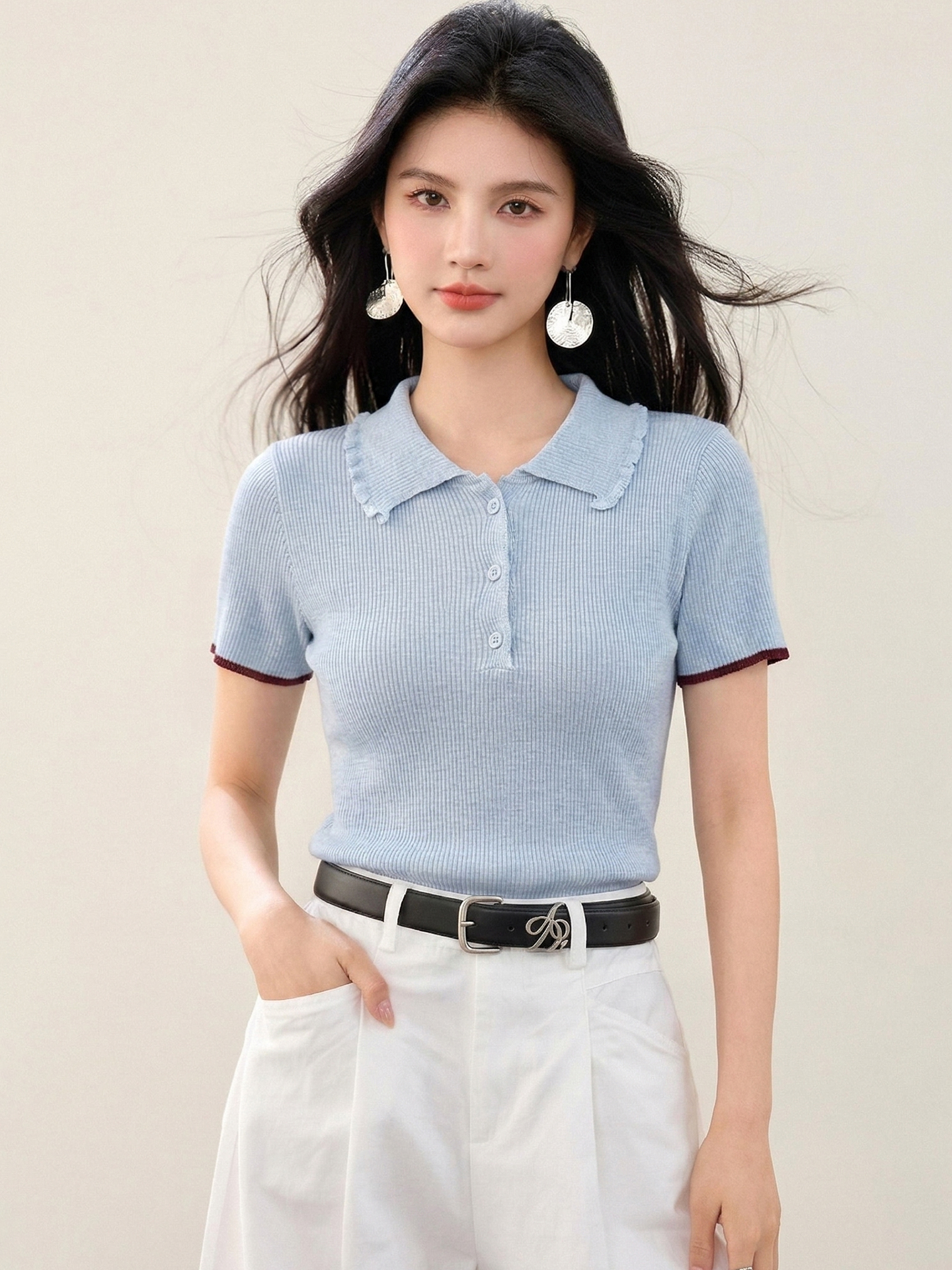 實拍◆有◆2026韓系polo領針織衫藍色短袖t恤女夏修身上衣新款