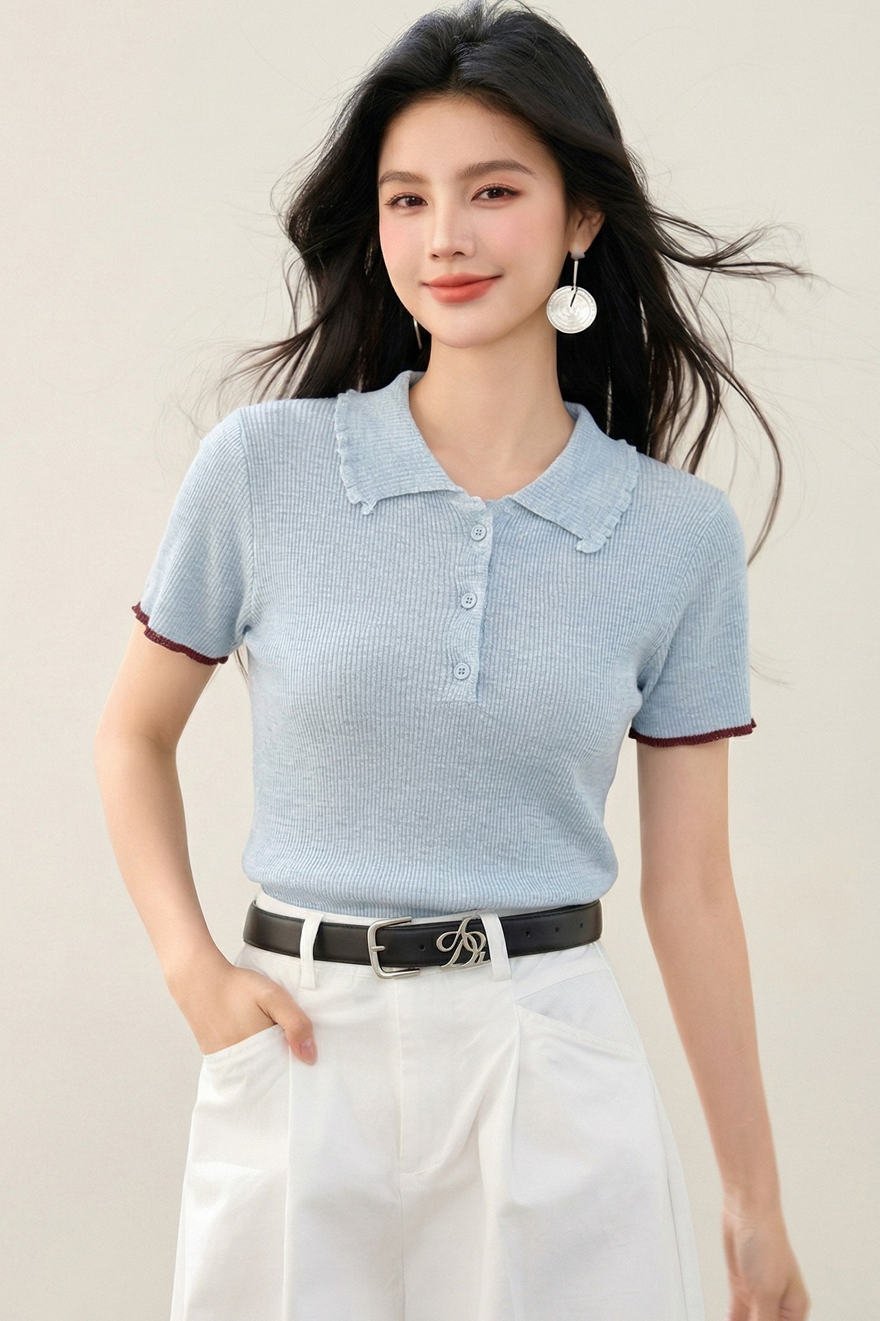 實拍◆有◆2026韓系polo領針織衫藍色短袖t恤女夏修身上衣新款
