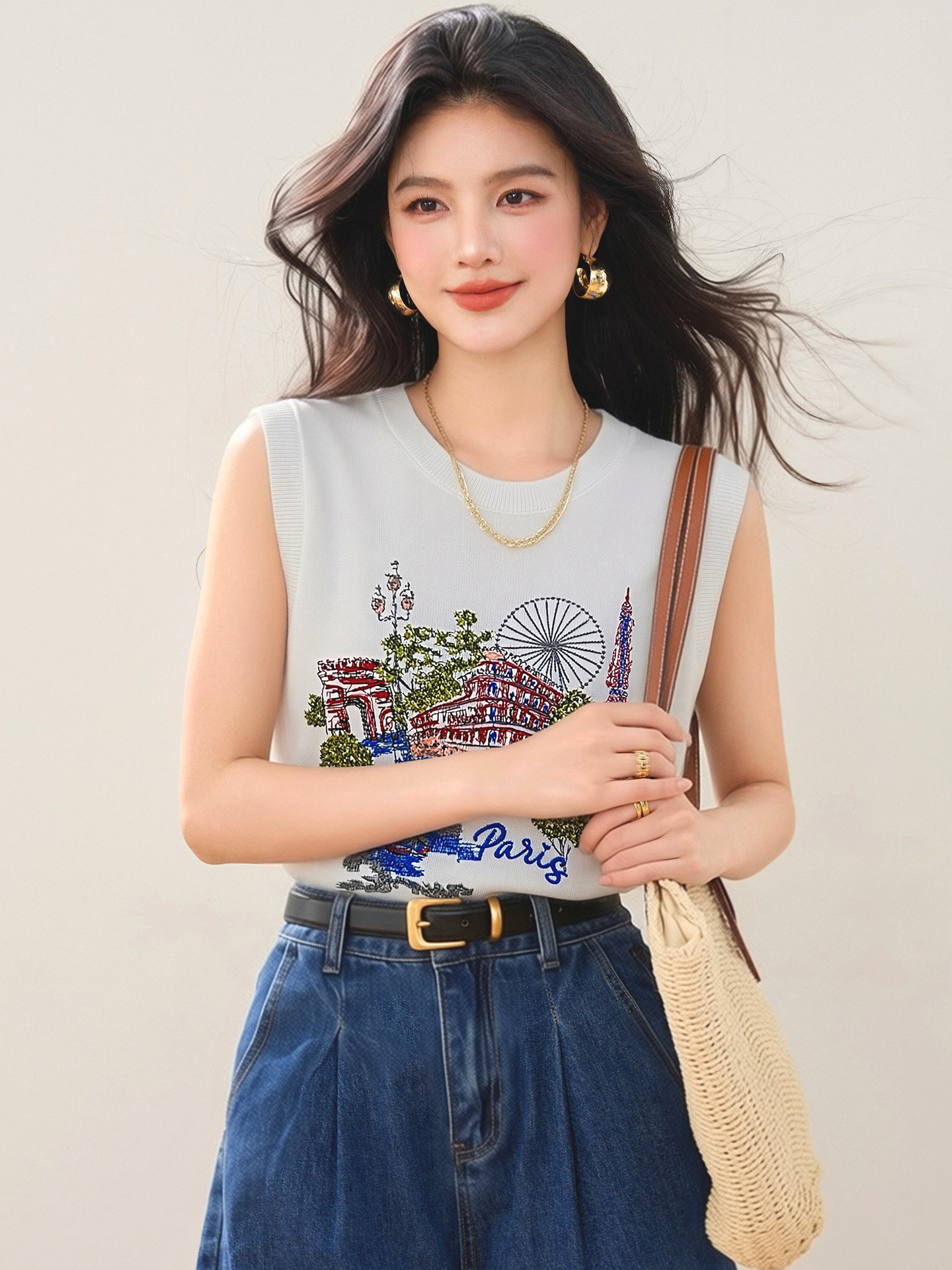 實拍◆有◆2026法式巴黎風摩天輪刺繡背心女夏季設計感修身上衣