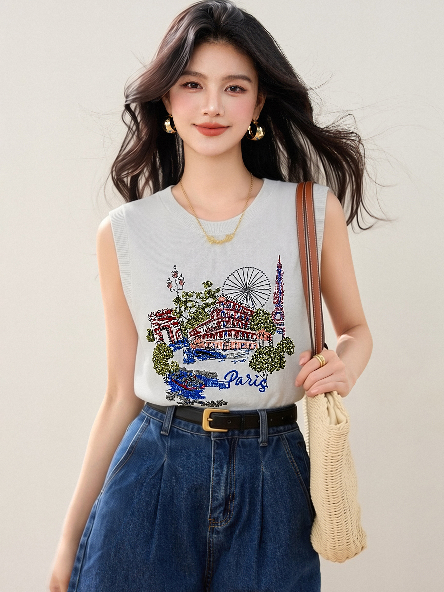 實拍◆有◆2026法式巴黎風摩天輪刺繡背心女夏季設計感修身上衣