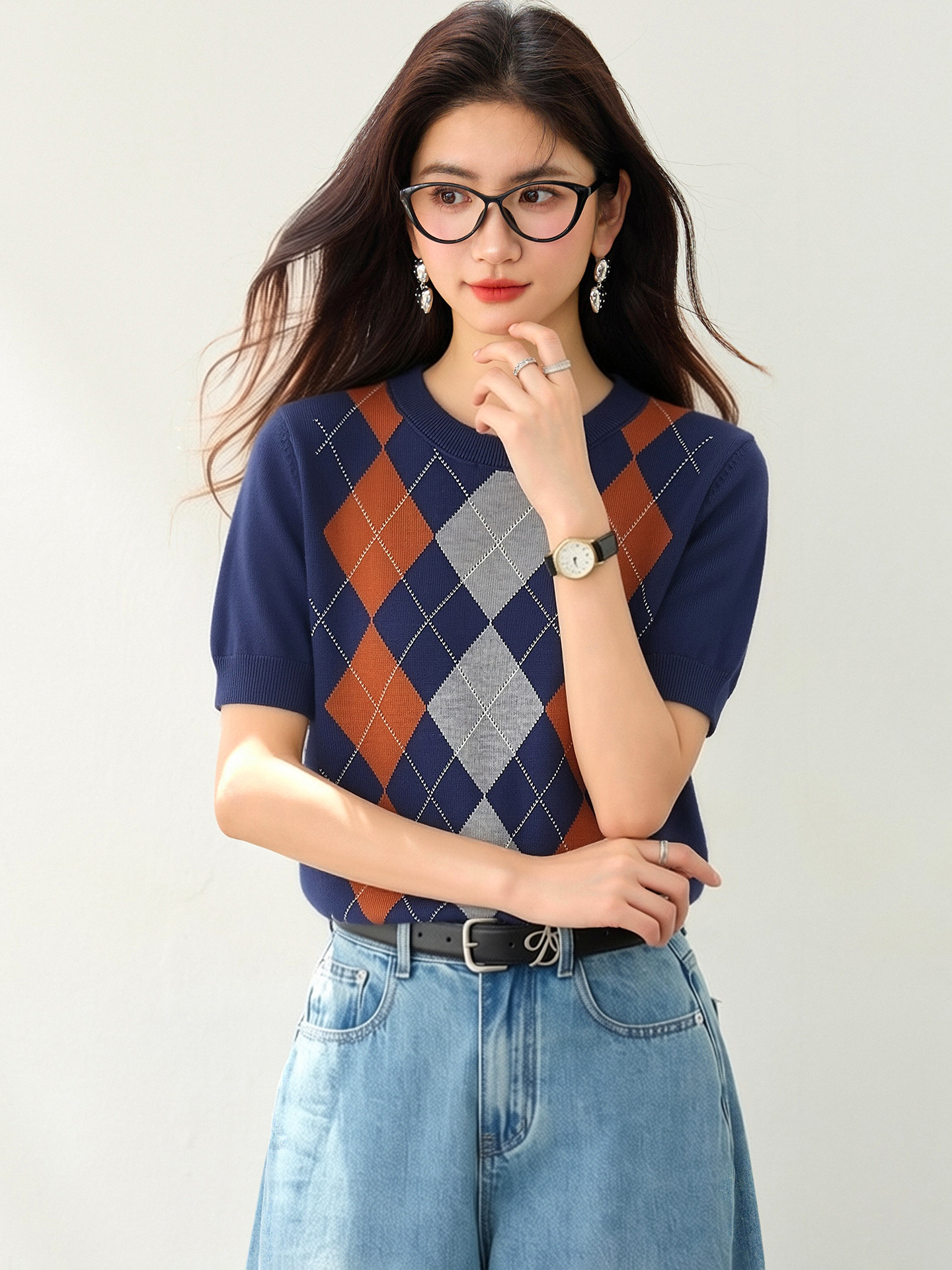 實拍◆有◆2026夏季法式學院風百搭復古菱形格子針織衫T恤上衣