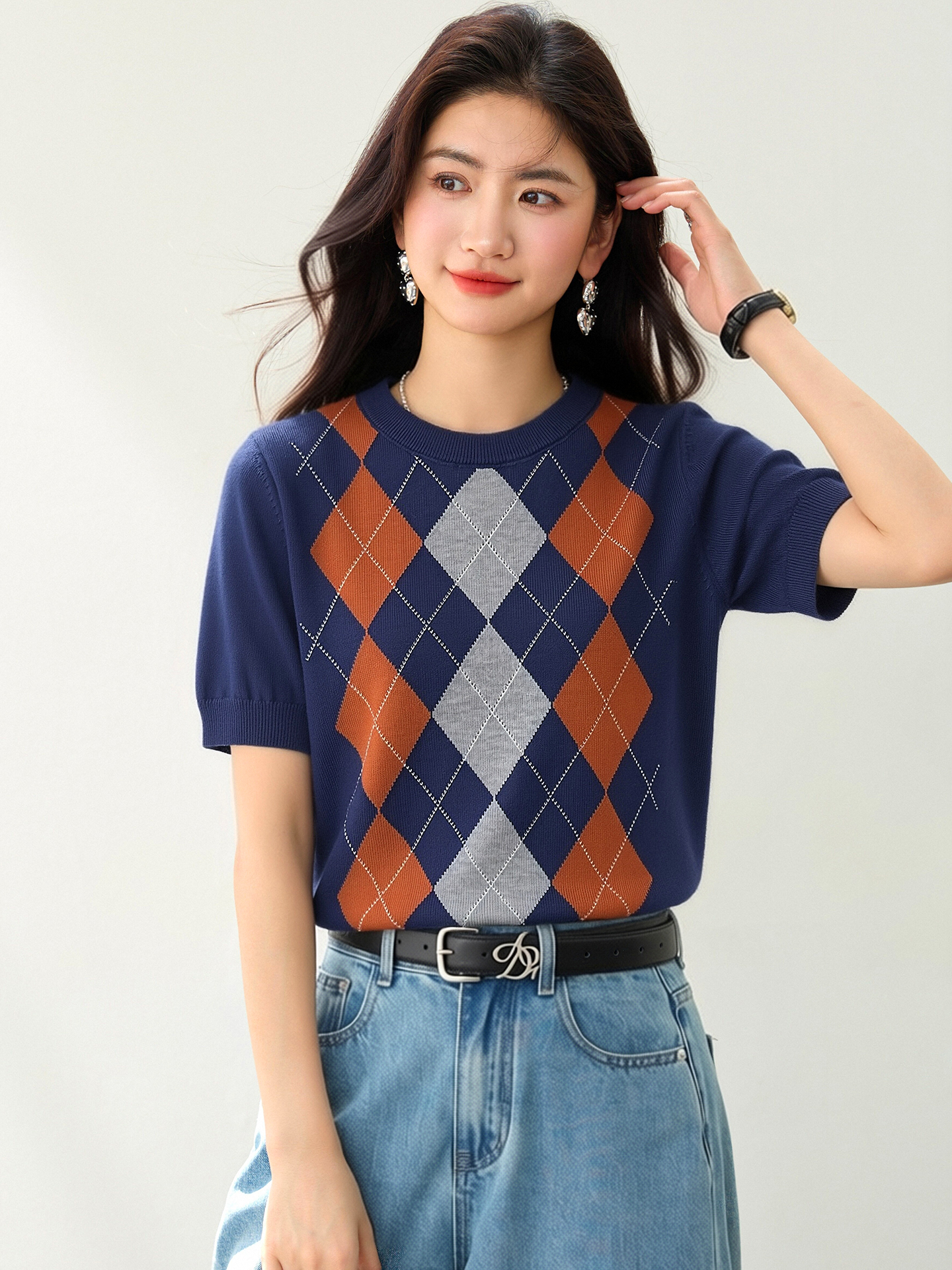 實拍◆有◆2026夏季法式學院風百搭復古菱形格子針織衫T恤上衣