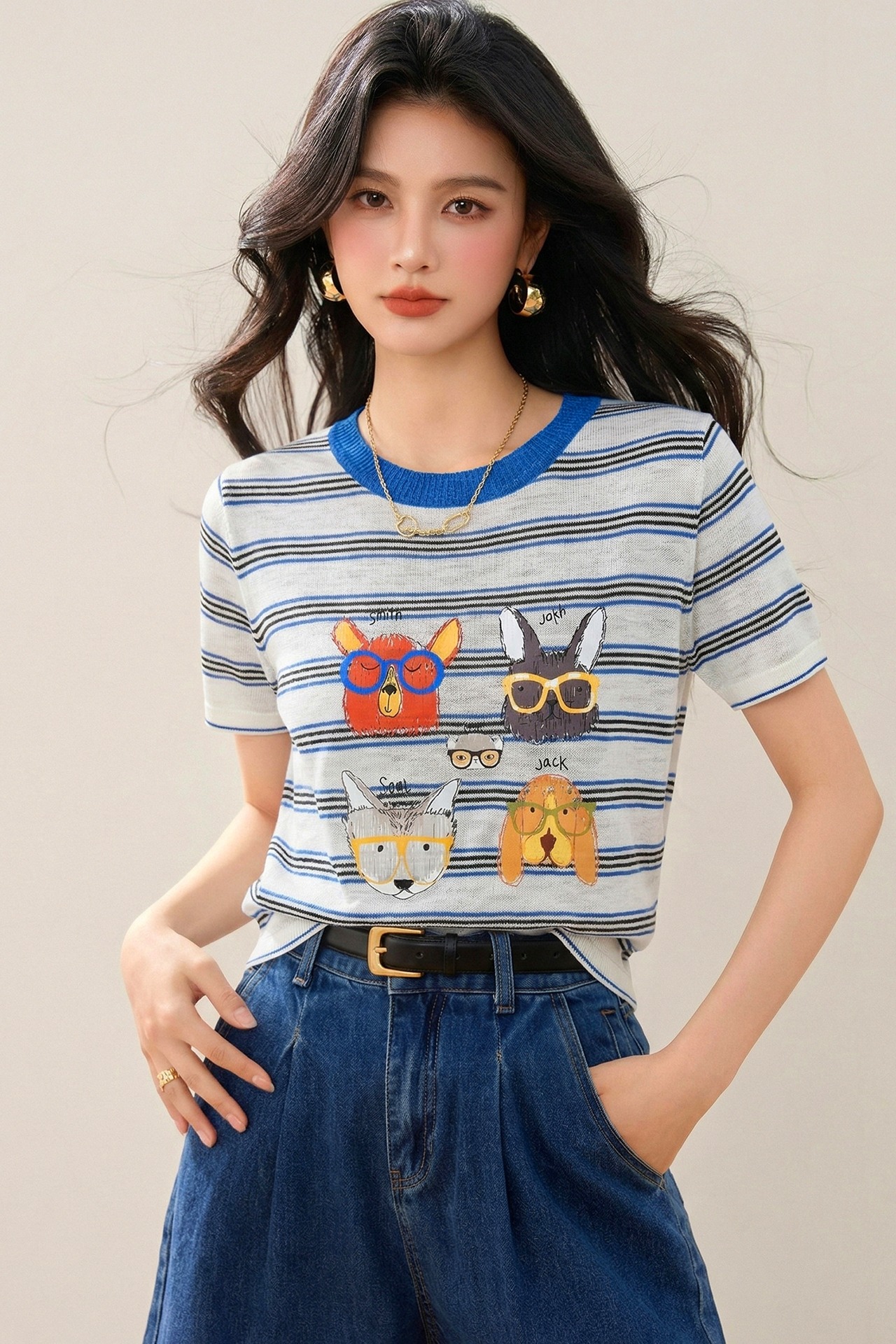 實拍◆有◆2026復古趣味卡通印花條紋短袖女夏季新款美式寬松上衣