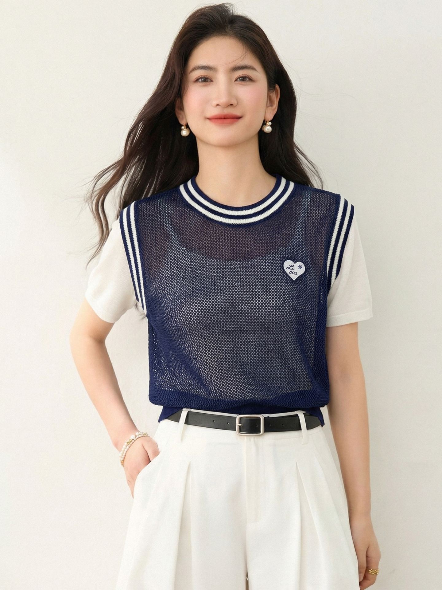 實拍◆有◆2026藏青米白撞美式學院風的清爽元氣假兩件馬甲上衣