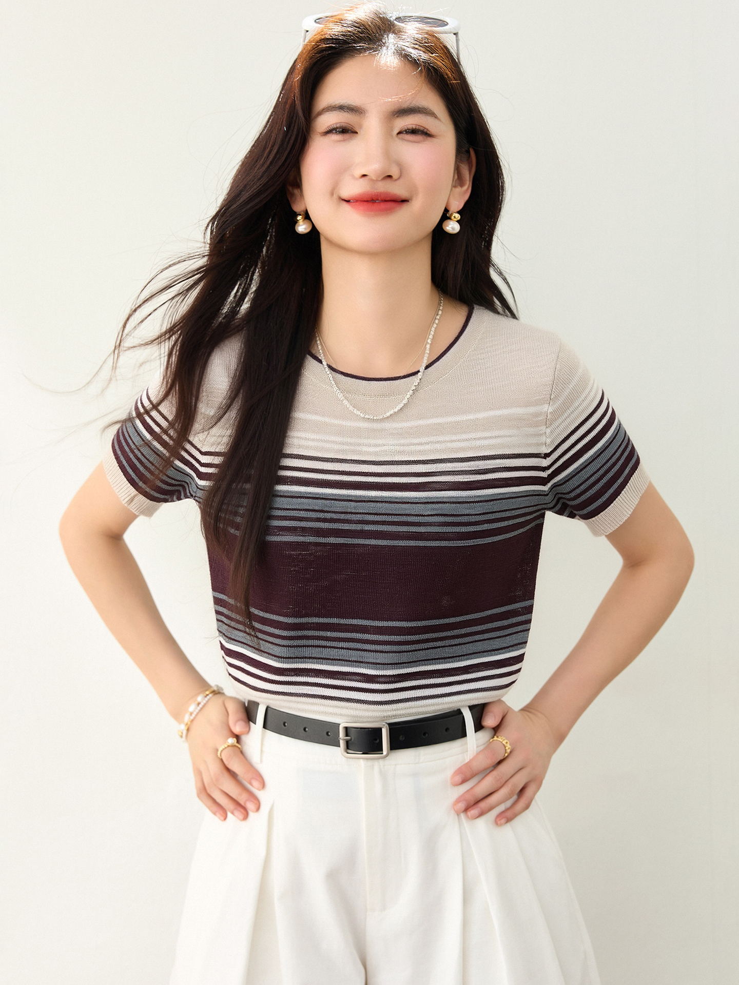 實拍◆有◆2026夏季新款條紋針織衫女短袖修身撞色高級感上衣