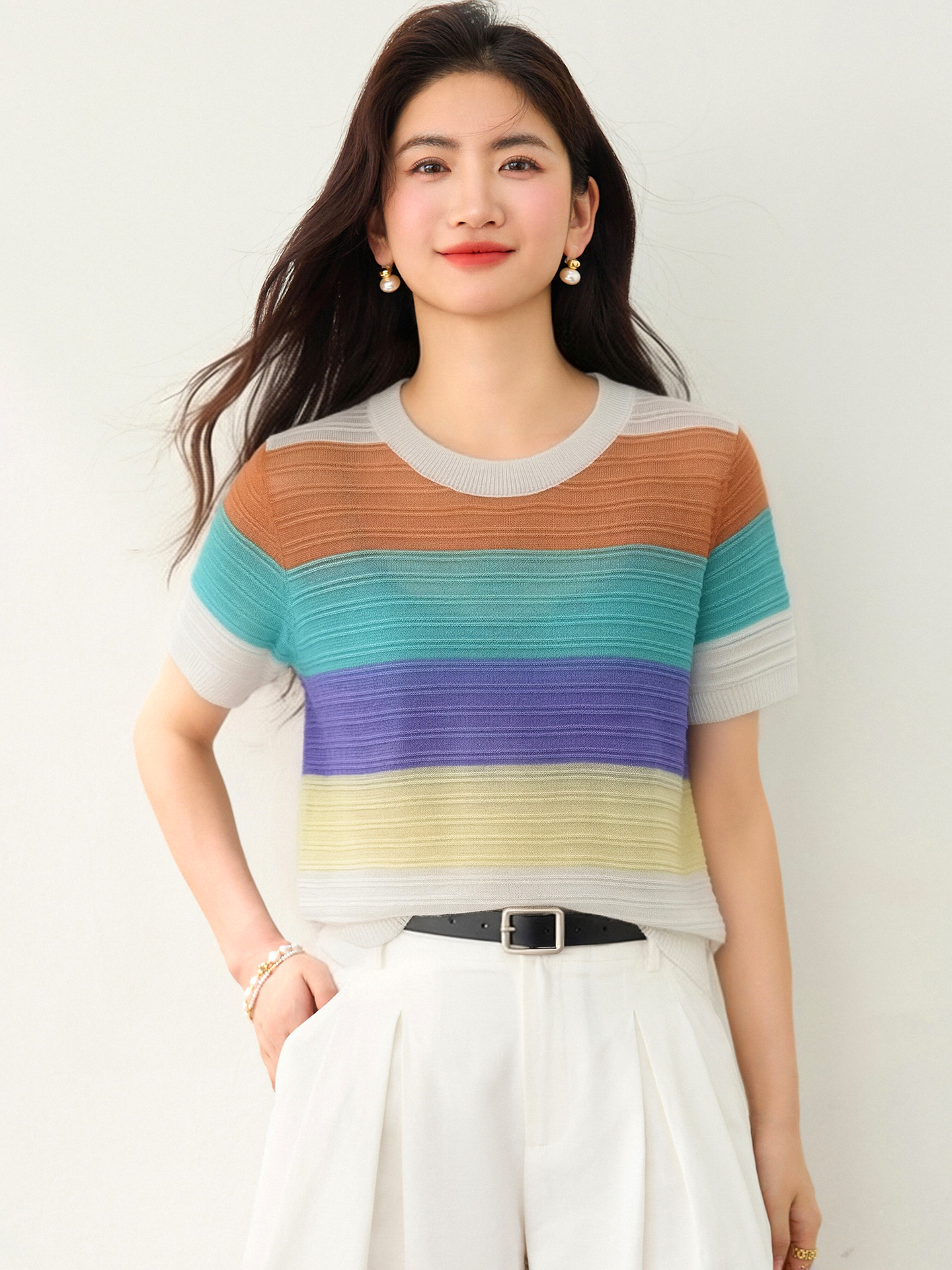 實拍◆有◆2026彩虹條紋短袖女夏薄款針織衫別致正肩顯瘦t恤上衣