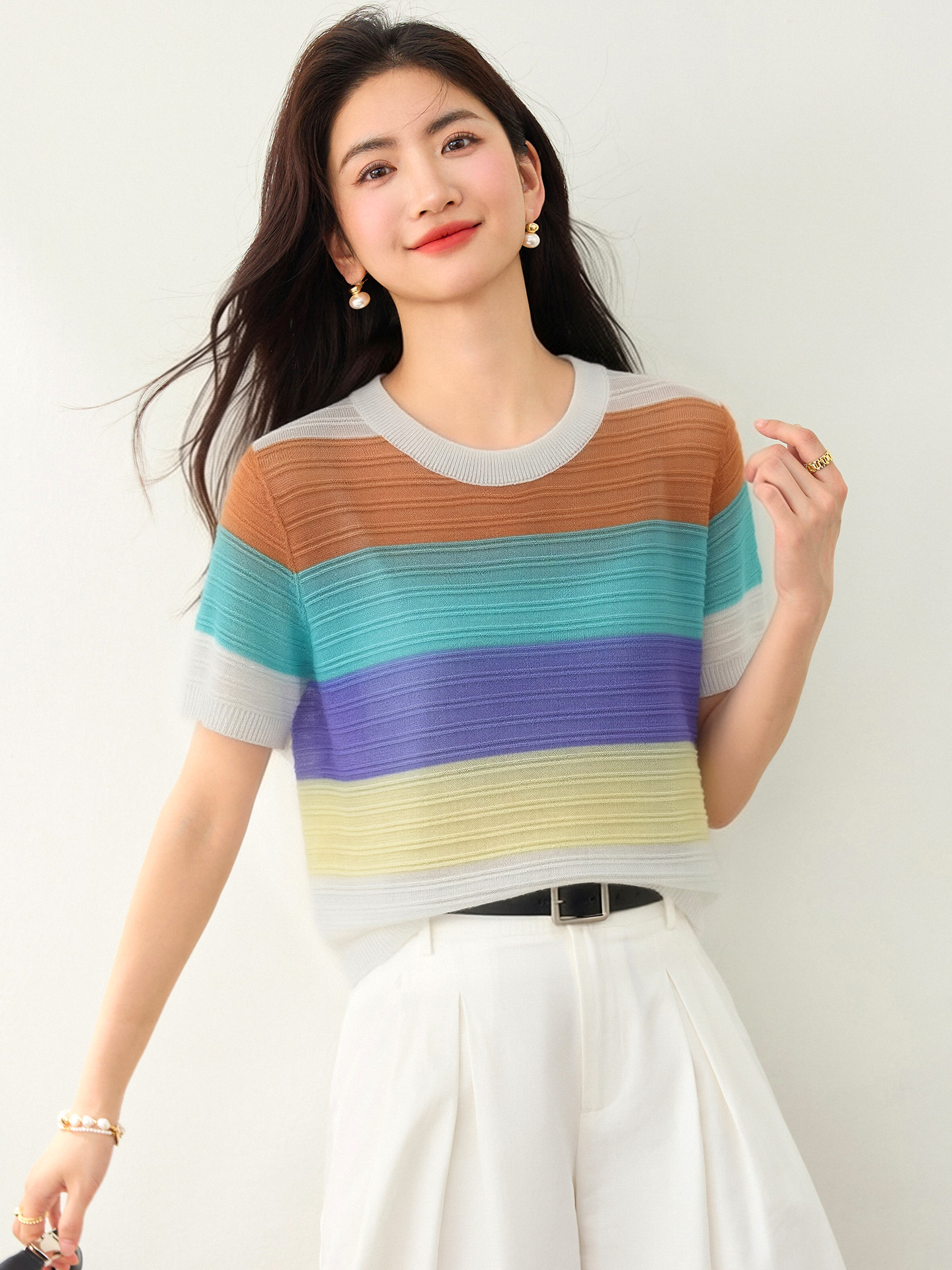 實拍◆有◆2026彩虹條紋短袖女夏薄款針織衫別致正肩顯瘦t恤上衣