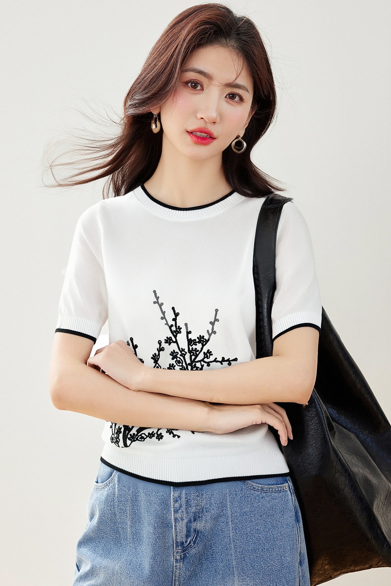 實拍◆有◆2026圓領刺繡正肩針織衫短袖T恤女新款夏季高級感上衣
