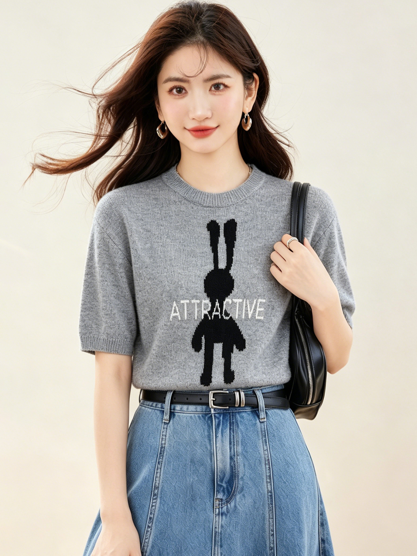 實拍◆有◆2026時尚百搭圓領印花針織衫女夏新款寬松休閑短袖上衣