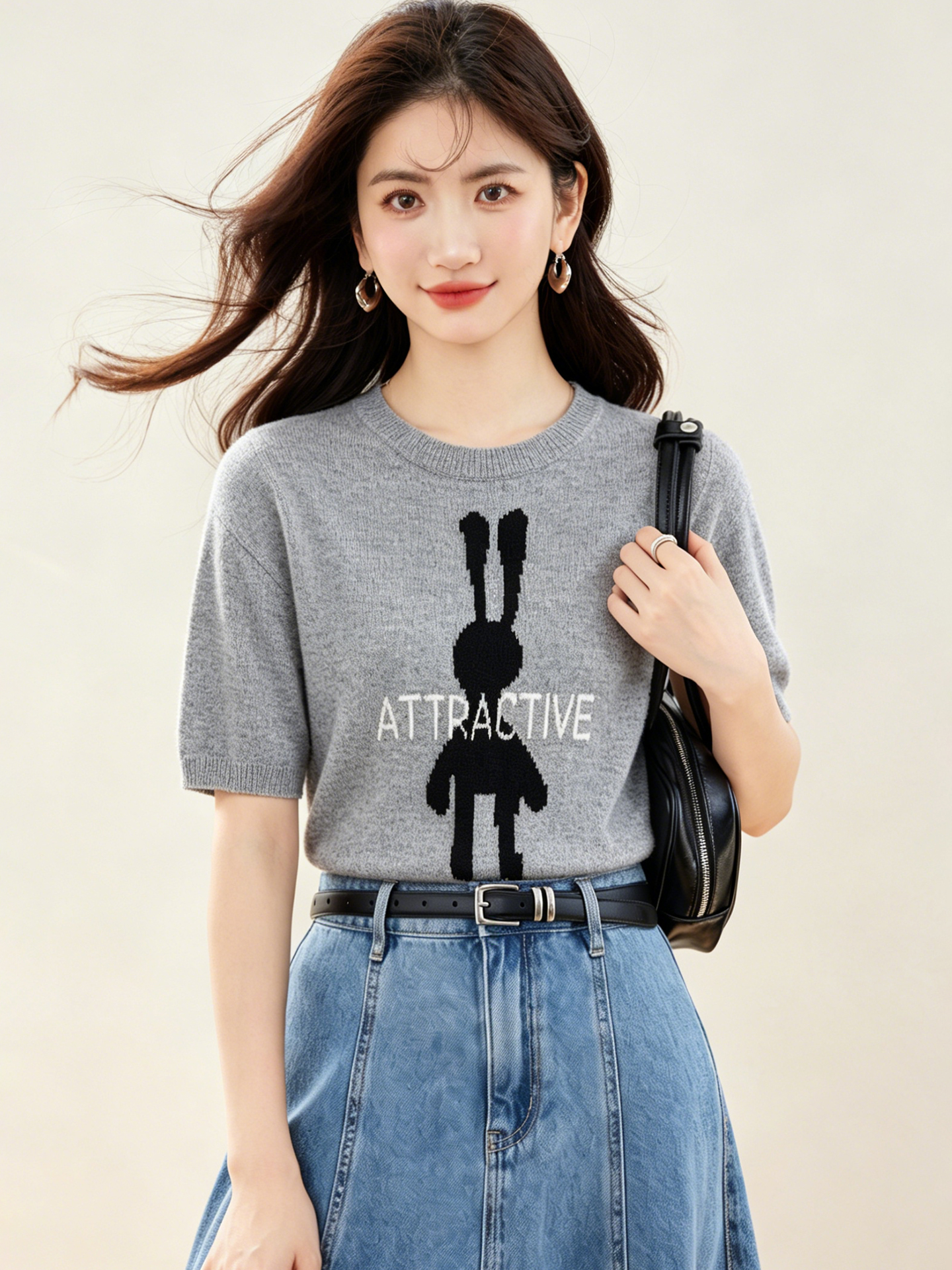 實拍◆有◆2026時尚百搭圓領印花針織衫女夏新款寬松休閑短袖上衣