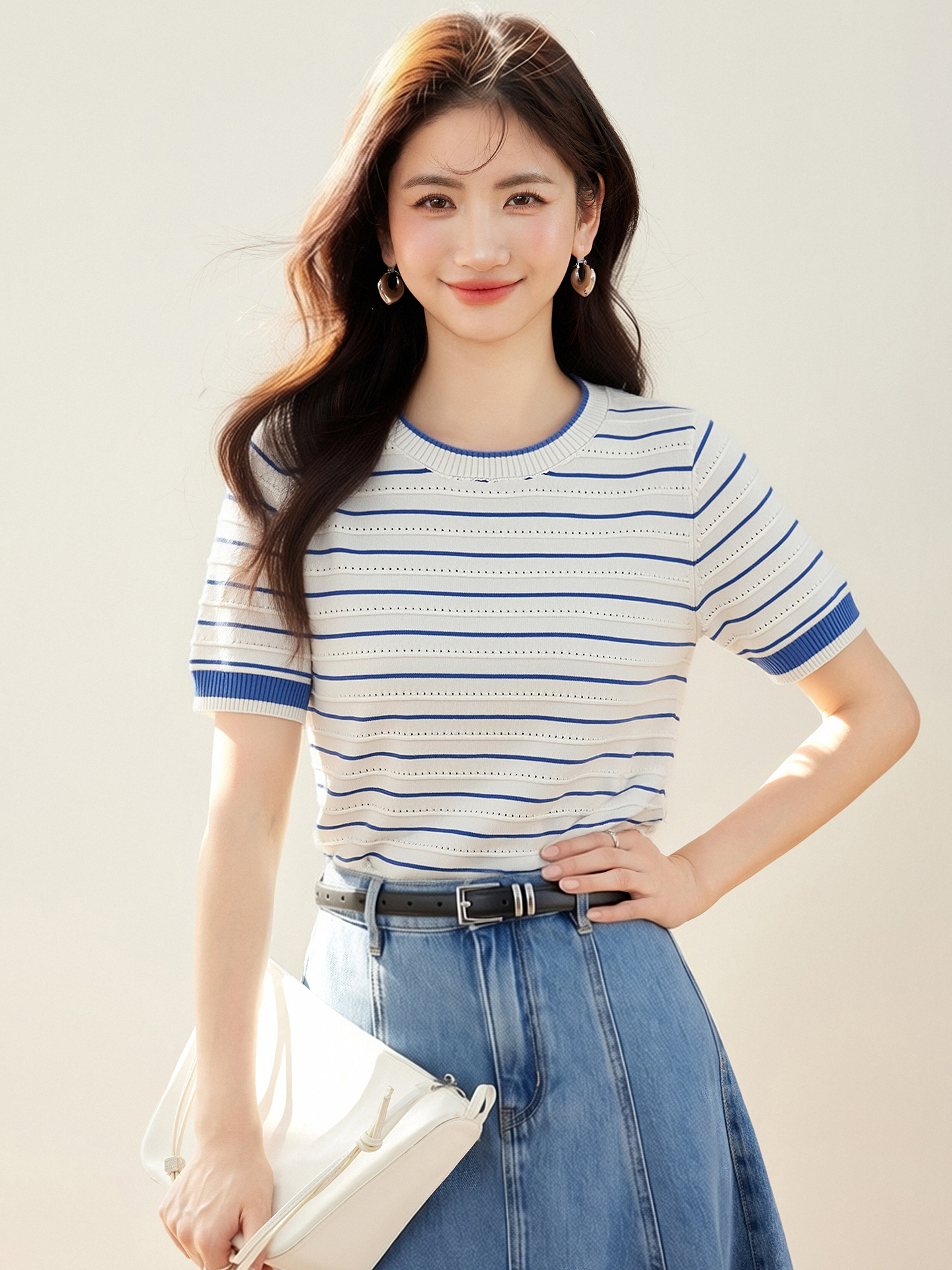 實拍◆有◆2026高級感圓領條紋短袖針織衫女休閑寬松百搭撞色上衣