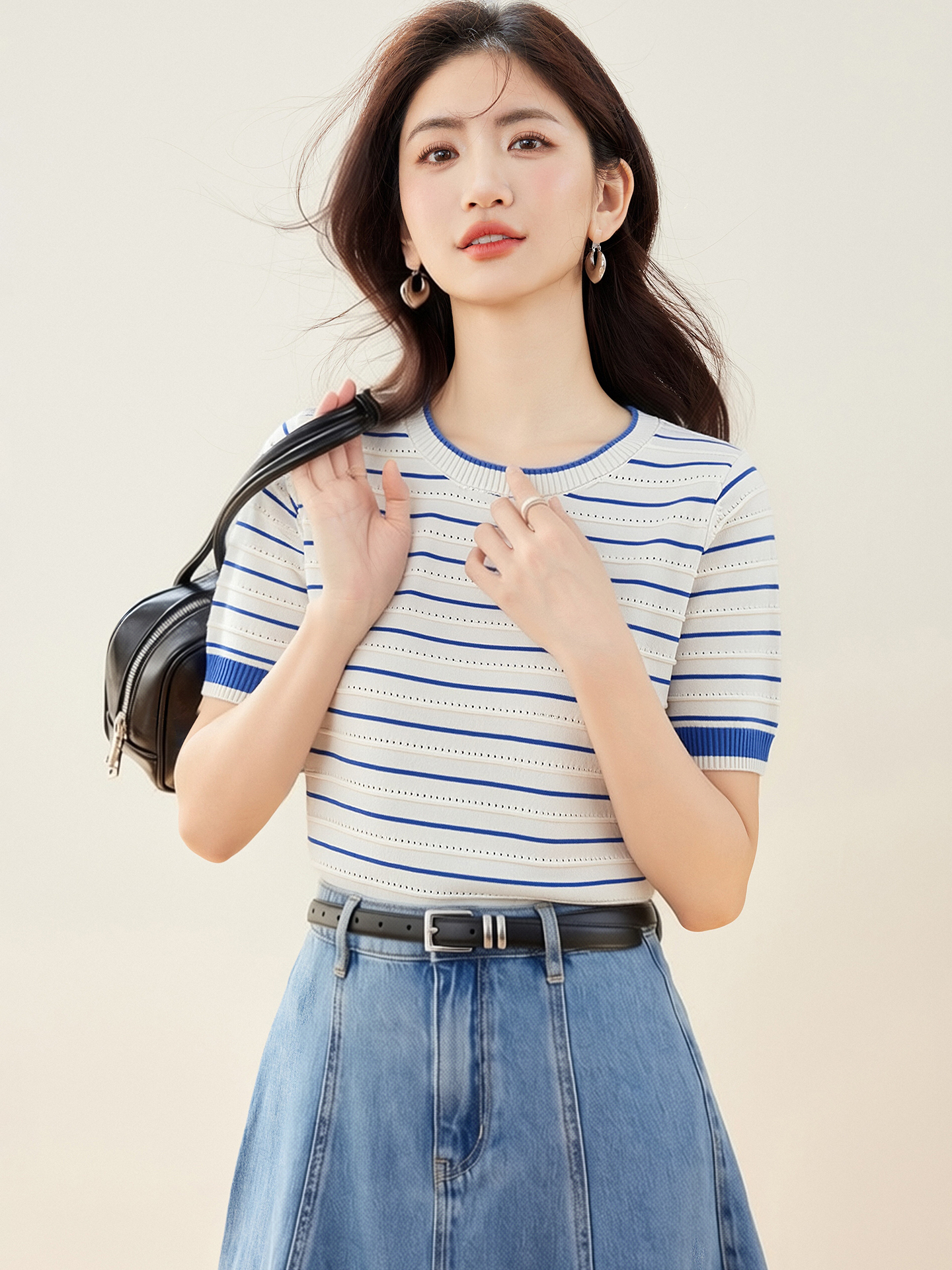 實拍◆有◆2026高級感圓領條紋短袖針織衫女休閑寬松百搭撞色上衣