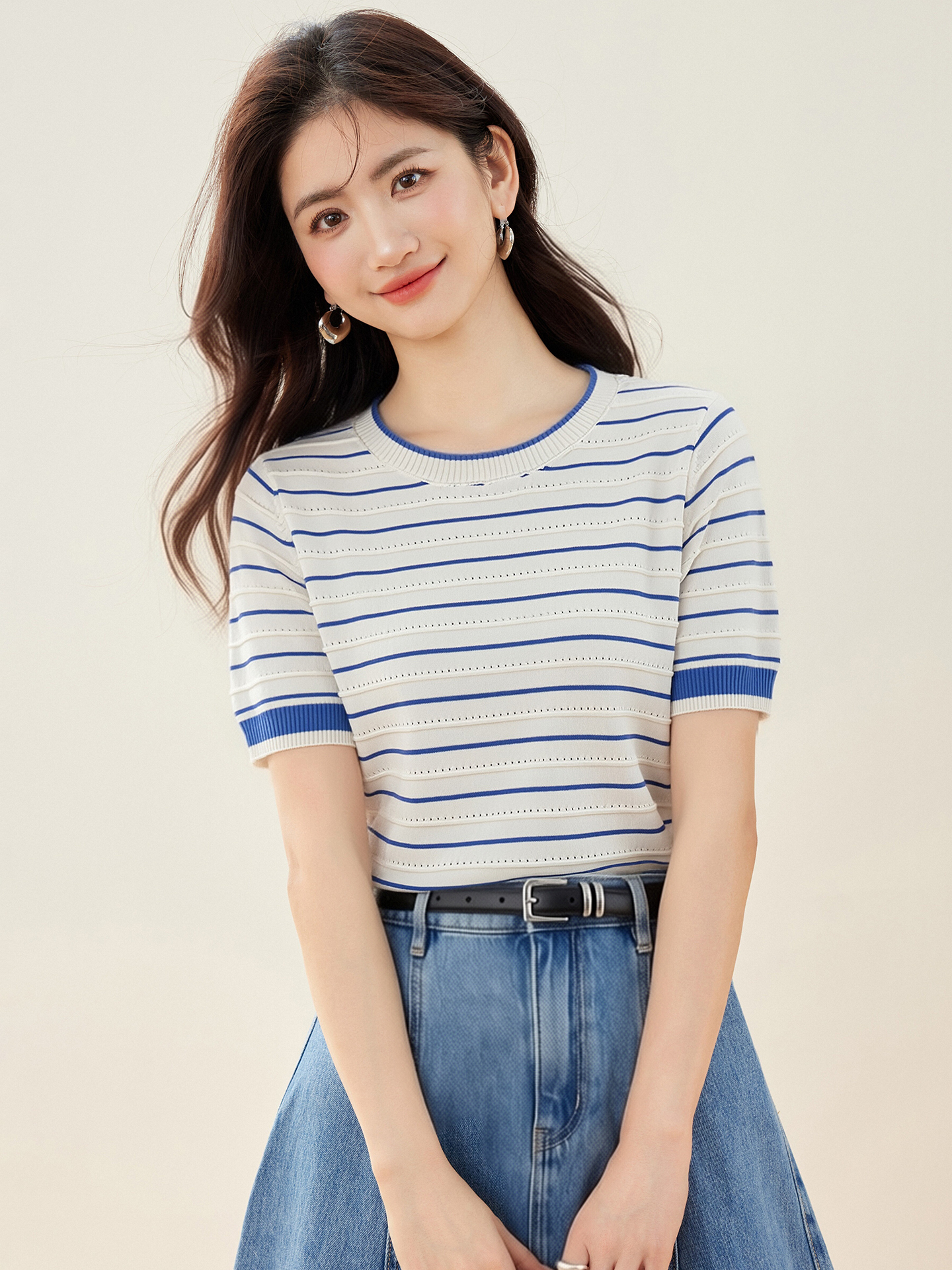 實拍◆有◆2026高級感圓領條紋短袖針織衫女休閑寬松百搭撞色上衣