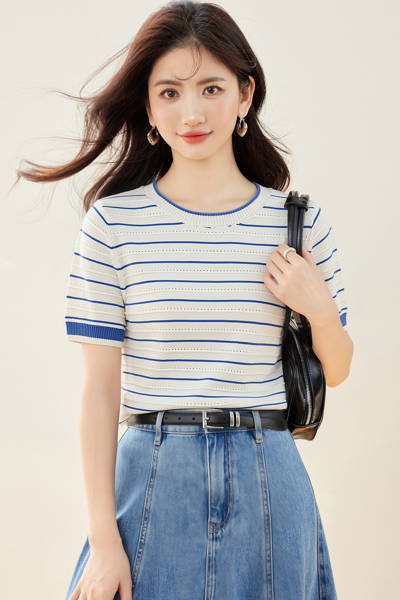 實拍◆有◆2026高級感圓領條紋短袖針織衫女休閑寬松百搭撞色上衣