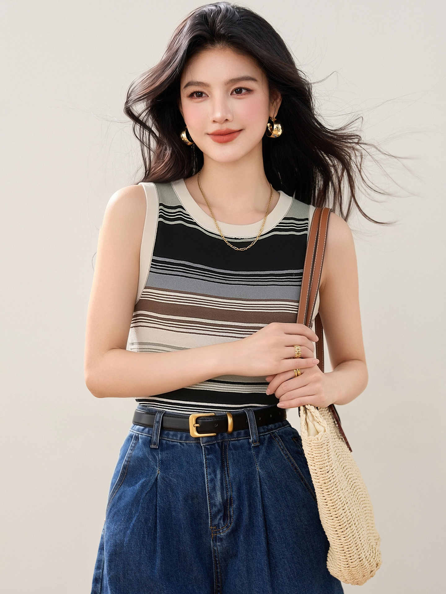 實拍◆有◆2026夏日多巴胺撞色條紋針織背心女修身甜辣無袖上衣